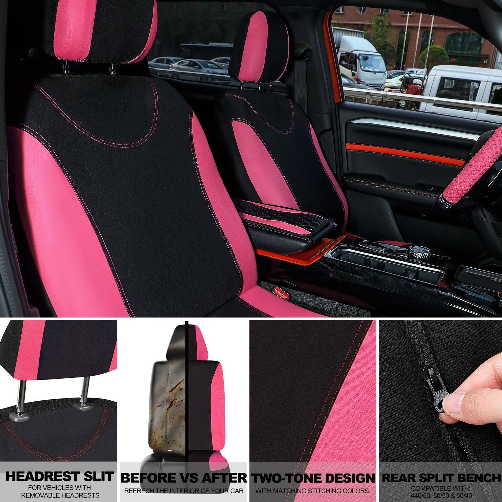 HEADREST SLIT  
FOR VEHICLES WITH REMOVABLE HEADRESTS  

BEFORE VS AFTER  
REFRESH THE INTERIOR OF YOUR CAR  

TWO-TONE DESIGN  
WITH MATCHING STITCHING COLORS  

REAR SPLIT BENCH  
COMPATIBLE WITH:  
440/60 50/50 & 60/40