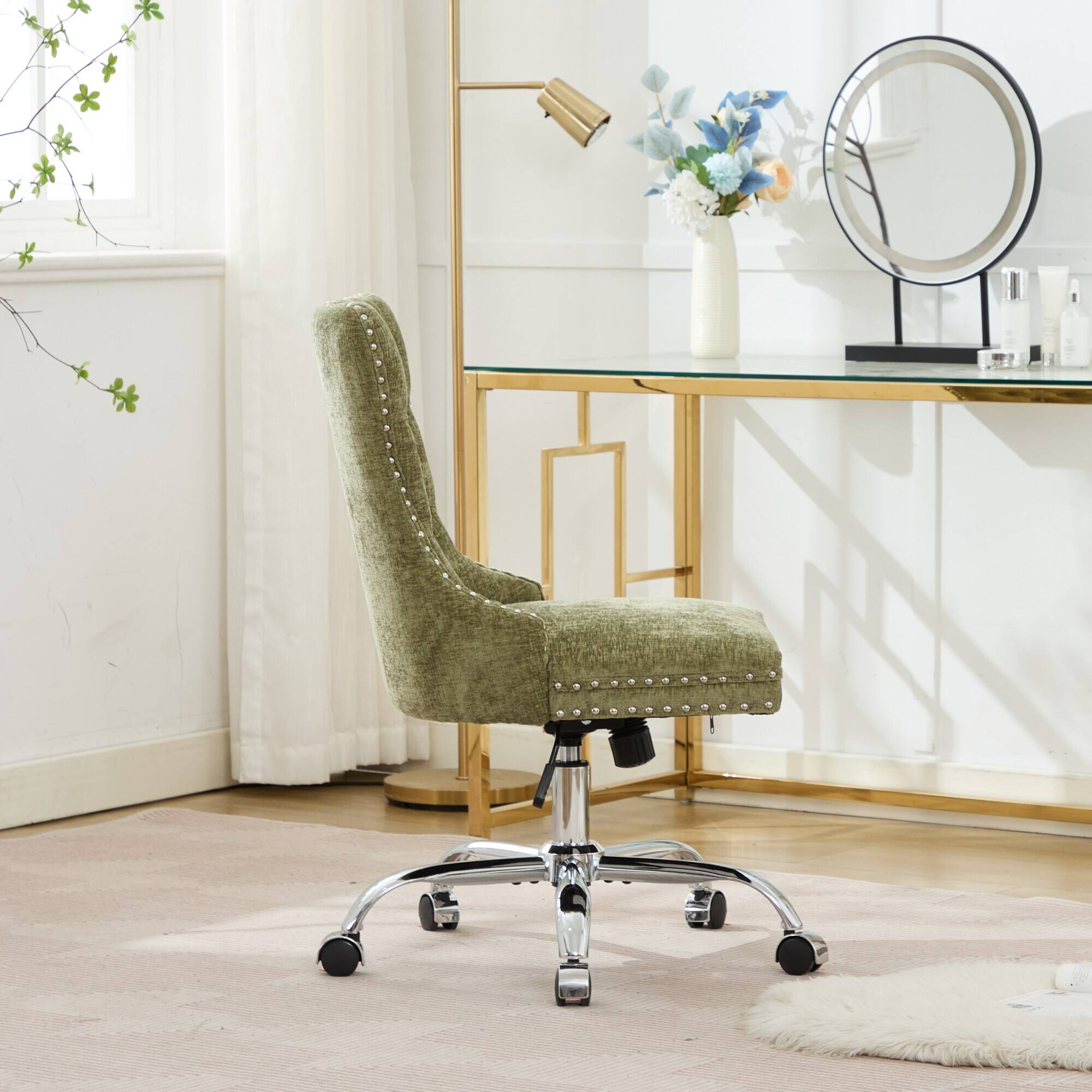 Back. Trinkets Crazed - Home Office Chair with Wheels & Silver Base,Chenille Fabric Makeup Vanity Chair with Tufted Back, Swivel Desk Chair - Green.