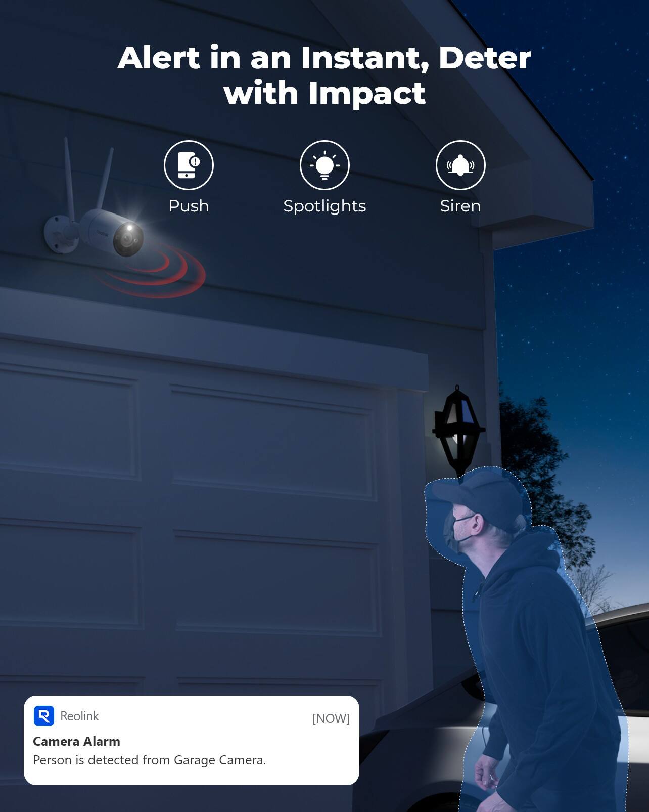 Alert in an Instant, Deter with Impact

Push
Spotlights
Siren

Reolink Camera Alarm
Person is detected from Garage Camera.
[NOW]