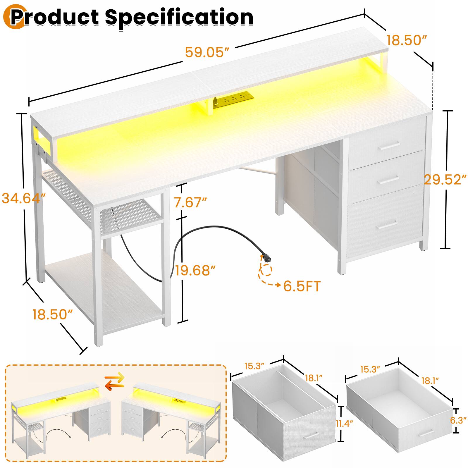 Product Specification

- 59.05"
- 18.50"
- 34.64"
- 7.67"
- 29.52"
- 19.68"
- 6.5FT
- 18.50"
- 15.3"
- 18.1"
- 15.3"
- 18.1"
- 11.4"
- 6.3"
