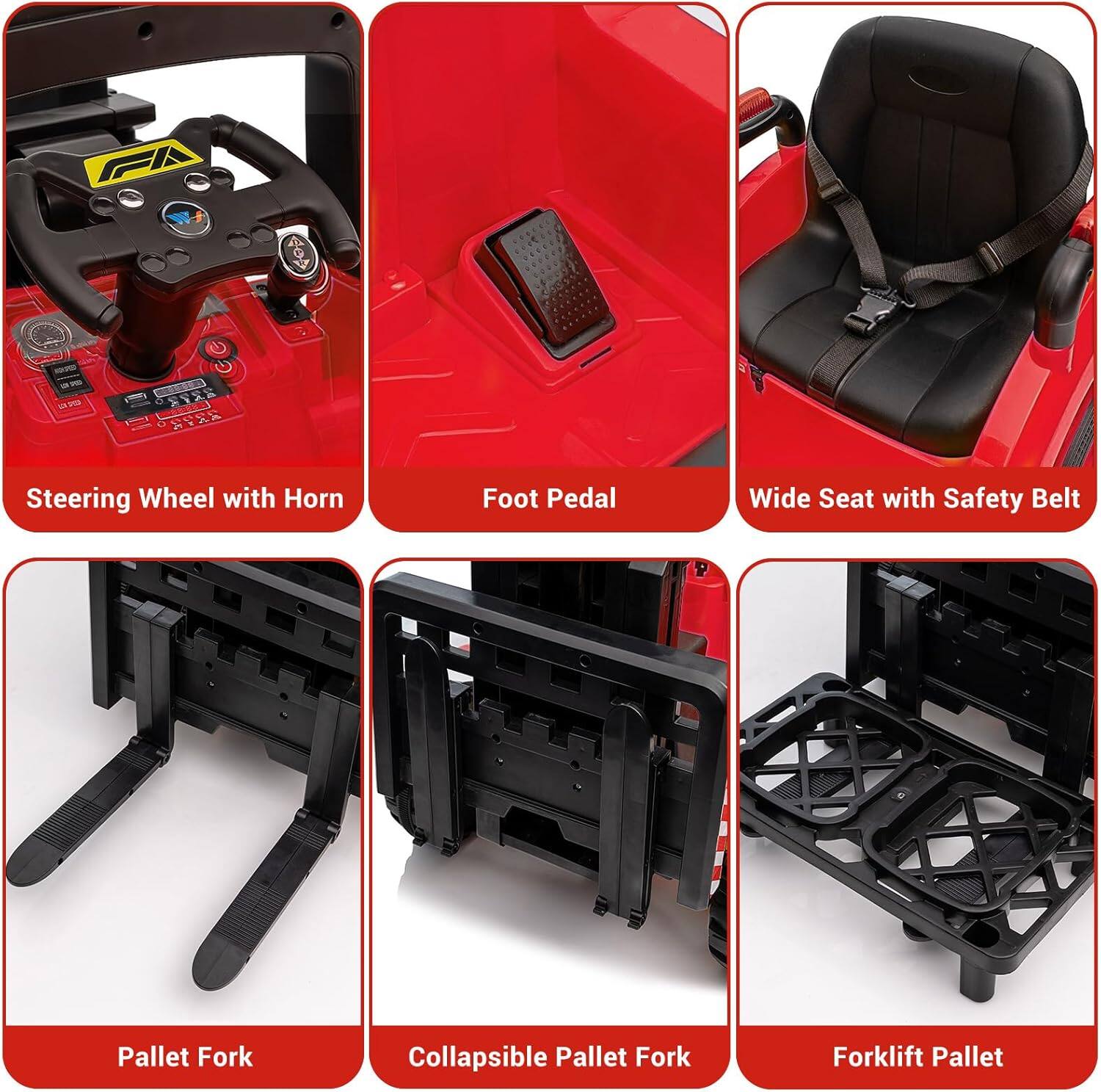 - Steering Wheel with Horn
- Foot Pedal
- Wide Seat with Safety Belt
- Pallet Fork
- Collapsible Pallet Fork
- Forklift Pallet