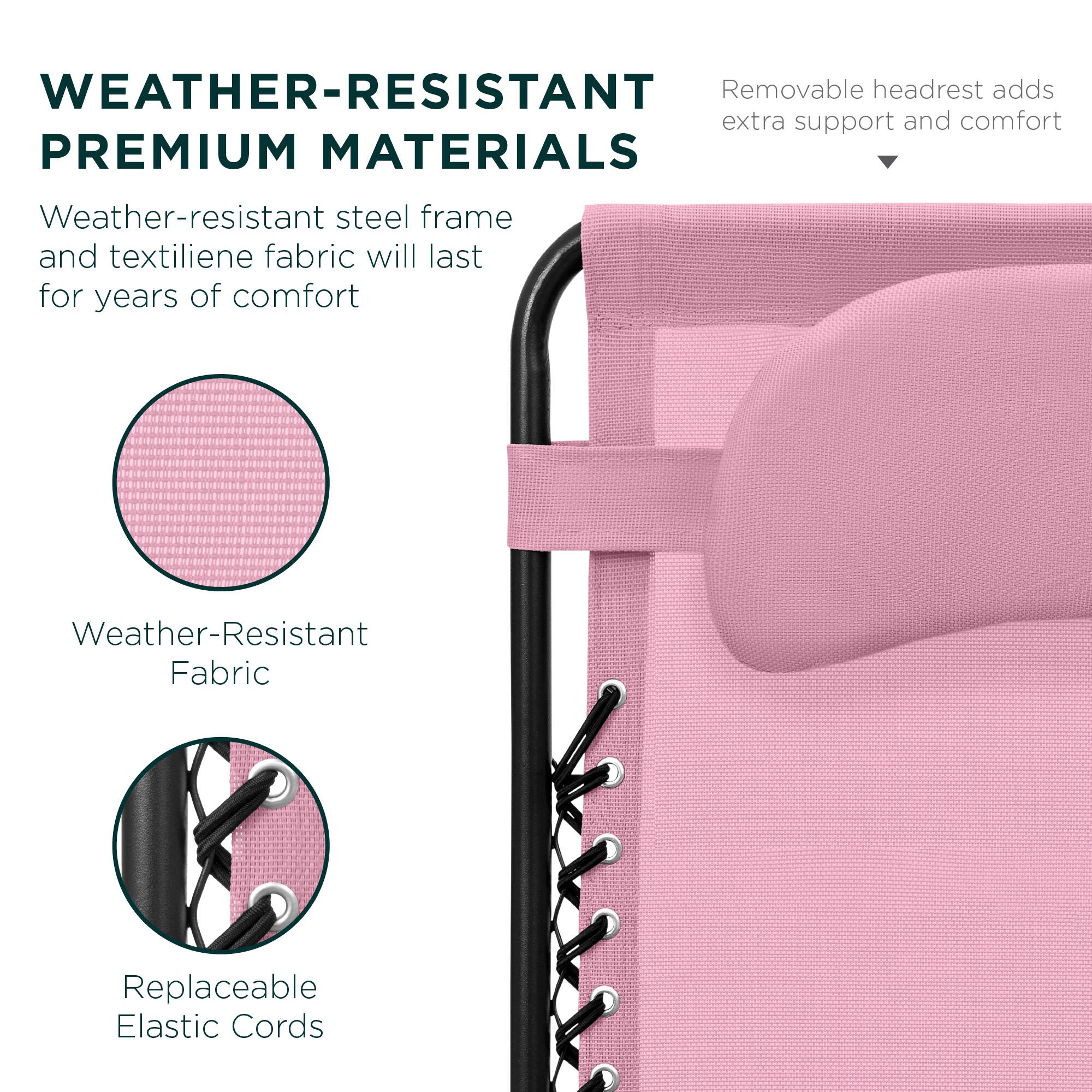WEATHER-RESISTANT PREMIUM MATERIALS

Weather-resistant steel frame and textilene fabric will last for years of comfort

Removable headrest adds extra support and comfort

Weather-Resistant Fabric

Replaceable Elastic Cords