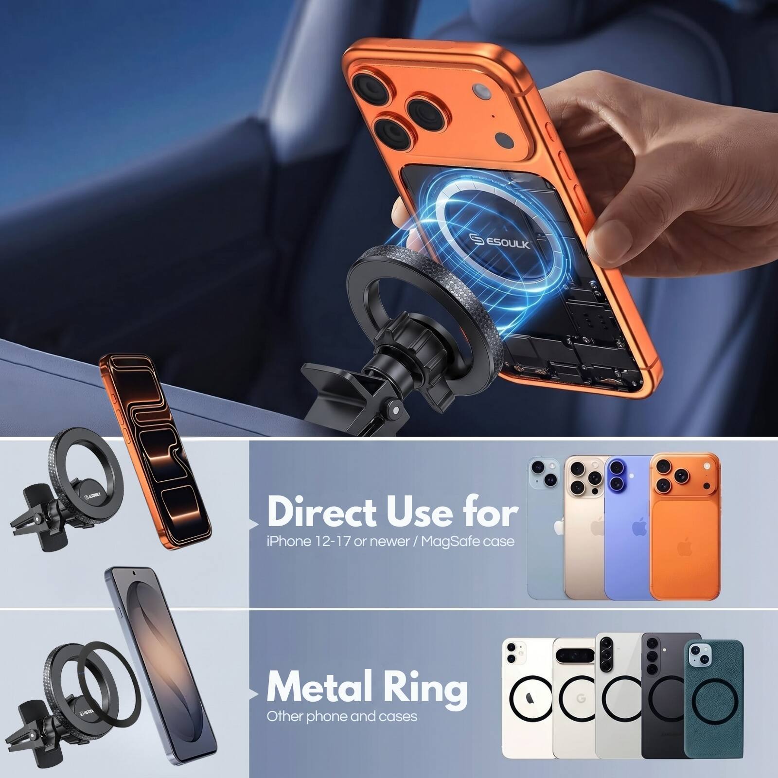 ESOULK - Direct Use for iPhone 12-17 or newer / MagSafe case  
Metal Ring  
Other phone and cases