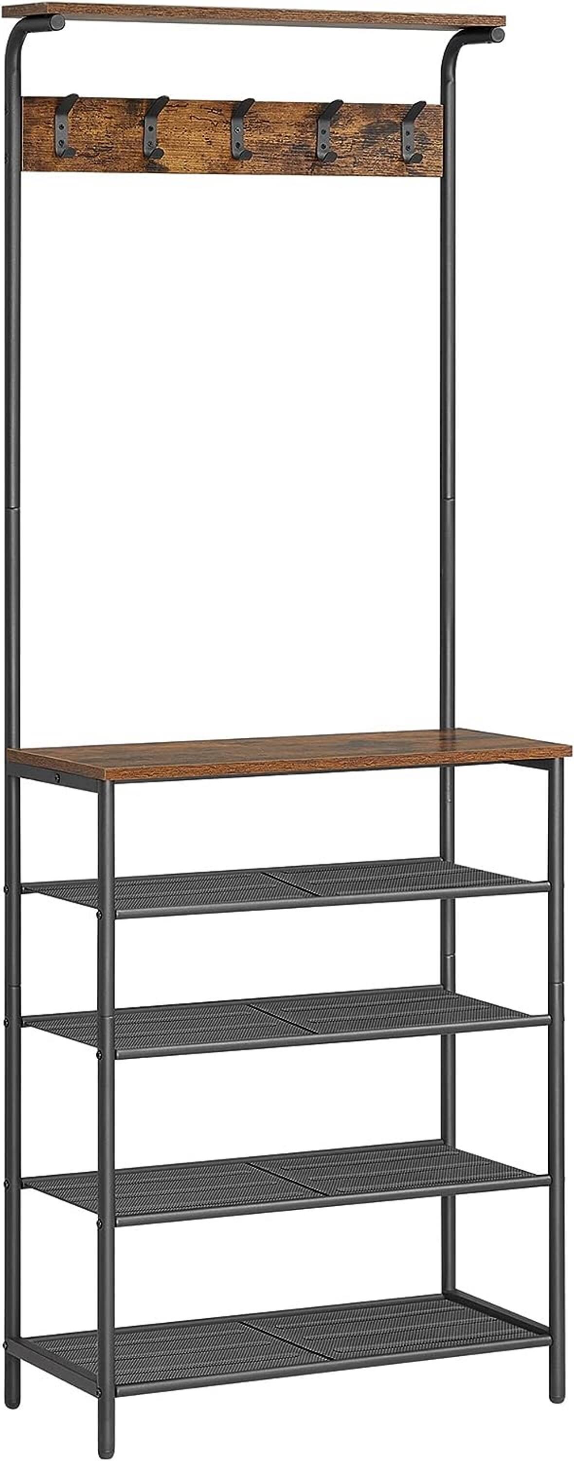 Front. Songmics Home - Coat and Shoe Rack – 5 Double Hooks 5-Tier Shoe Storage Vintage Brown and Black - Brown.
