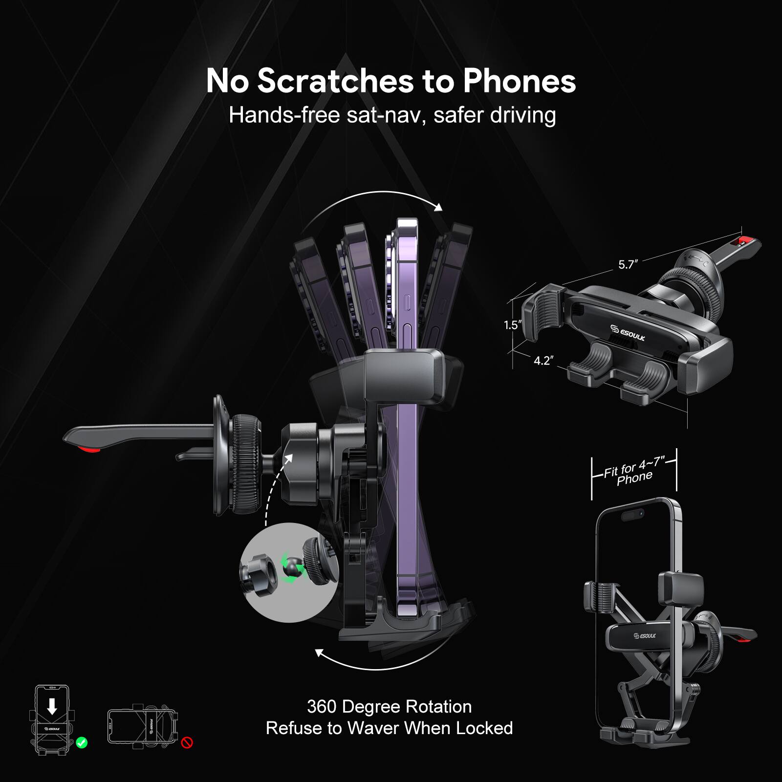 No Scratches to Phones, Hands-free sat-nav, safer driving, 360 Degree Rotation, Refuse to Waver When Locked, 5.7", 1.5", 4.2", Fit for 4~7" Phone, ESOUL, ANM