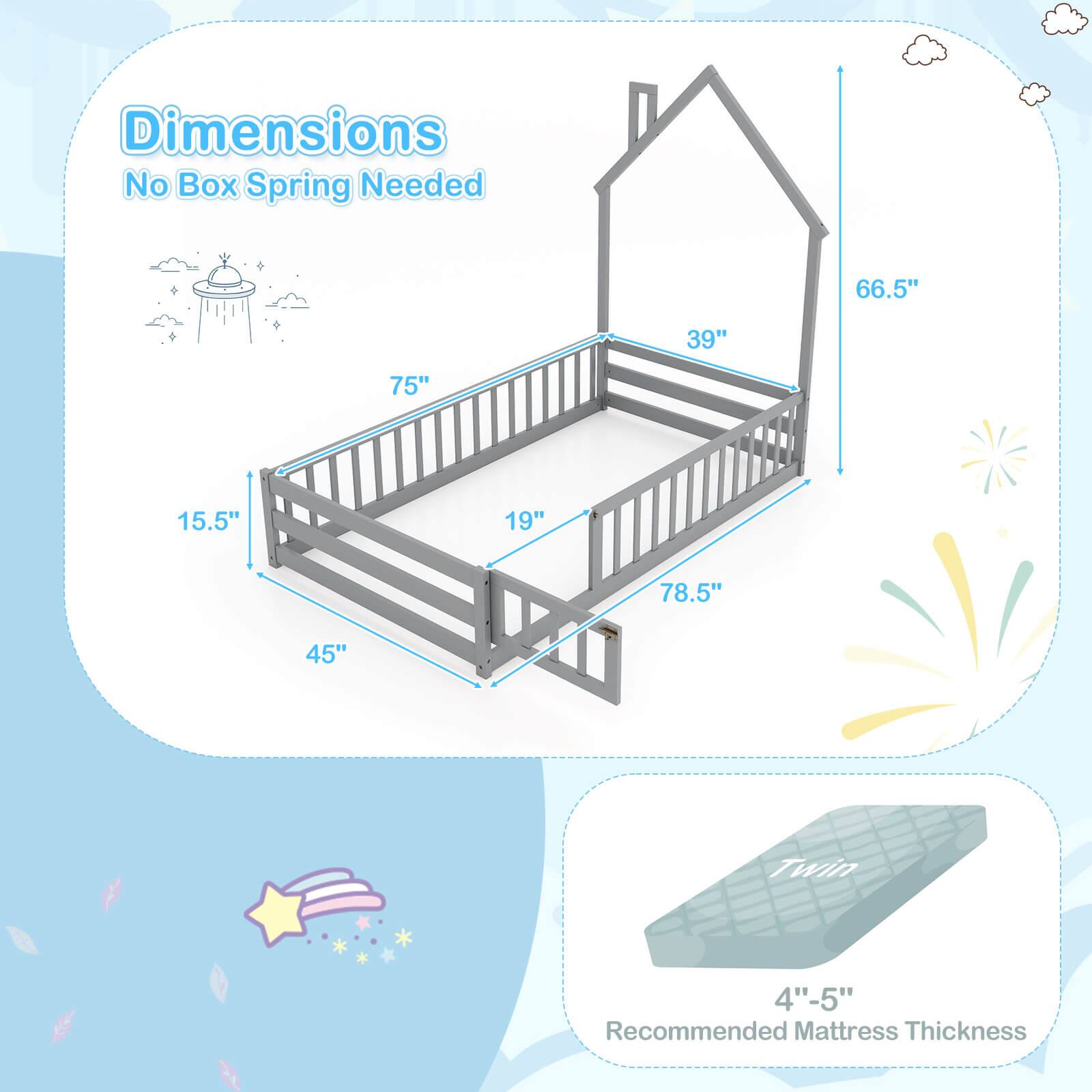 Dimensions: No Box Spring Needed 66.5" 39" 75" 15.5" 19" 78.5" 45" Twin 4"-5" Recommended Mattress Thickness
