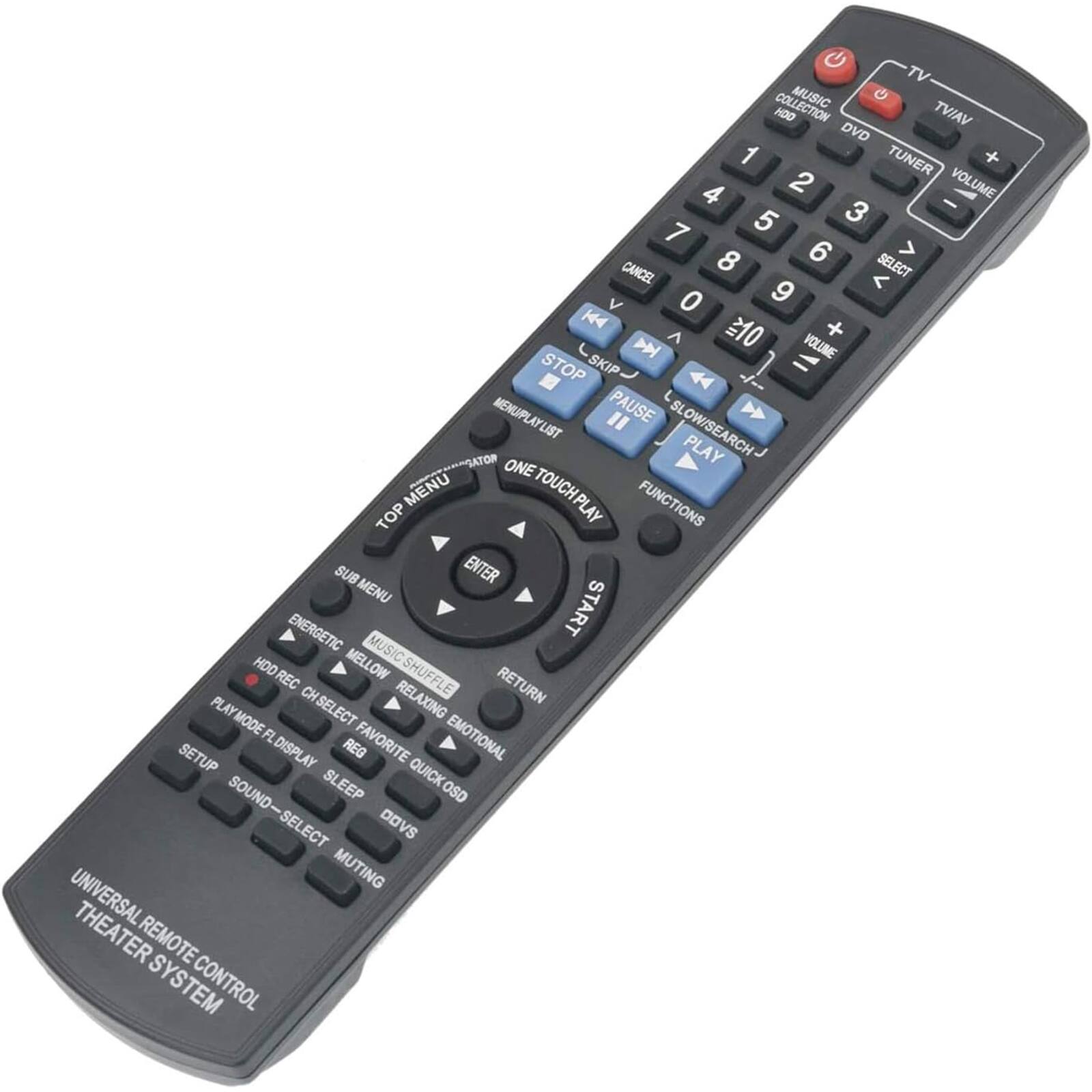 TV MUSIC HDTV TV/AV DVD 1 TUNER 4 2 VOLUME - 5 3 7 > 8 6 SELECT CANCEL < V 0 9 K4 10 + D ^ VOLUME STOP SKIP 4 MENU PLAY LIST SLOW/SEARCH- PLAY ONE MENU TOUCH PLAY FUNCTIONS TOP SUB ENTER MENU ENERGETIC START MELLOW MUSIC HDD REC MUSIC SHUFFLE RELAXING RETURN PLAY MODE CH SELECT FL FAVORITE EMOTIONAL SETUP DISPLAY REG AY SOUND SLEEP QUICK OSD SOUND-SELECT SELECT DOVS MUTING UNIVERSAL THEATER REMOTE SYSTEM CONTROL