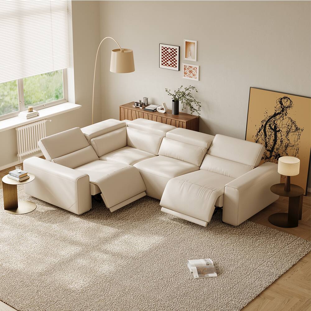 Left. POVISON - 111" Minimalist Power Recliner Sectional Sofa, 2 Deep Seat 90°-145° , Waterproof, L-shaped Pet-friendly Couches, Black - Beige Sustainable Leather.