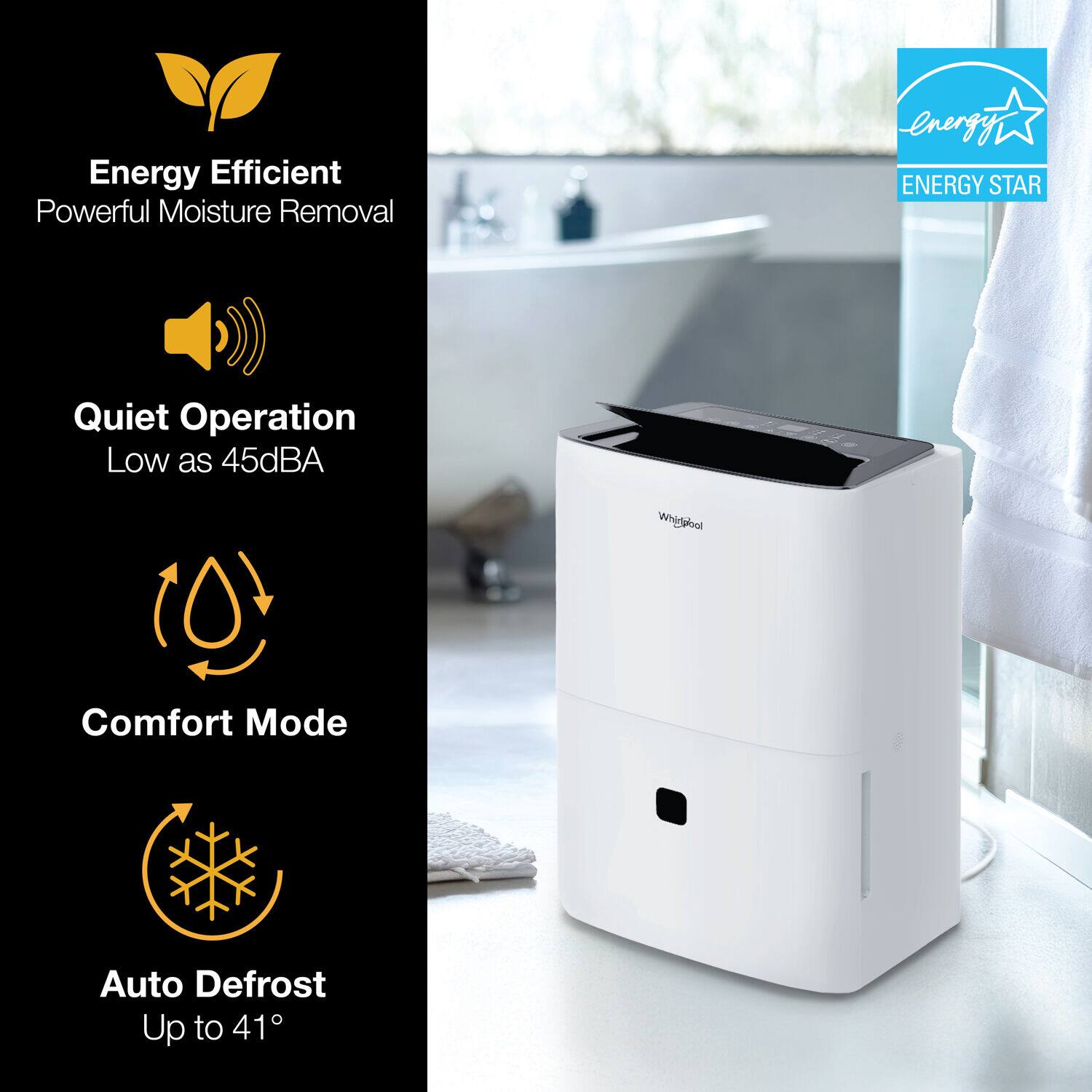 Energy Efficient  
Powerful Moisture Removal  

Quiet Operation  
Low as 45dBA  

Comfort Mode  

Auto Defrost  
Up to 41°