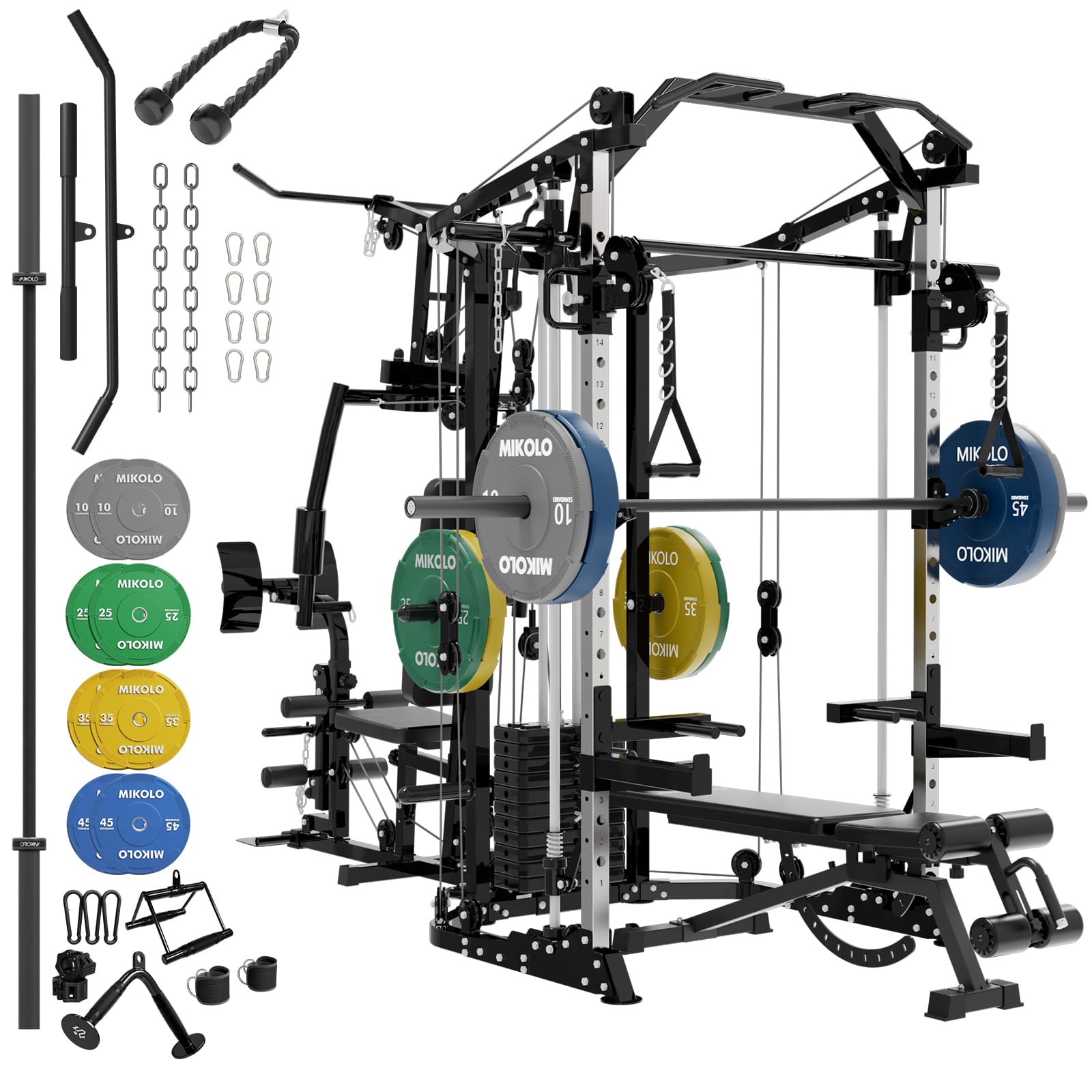 Mikolo - Smith Machine Power Cage, Multi-Function Home Gym System with Cable Crossover, 121LB Weight Stack - Black