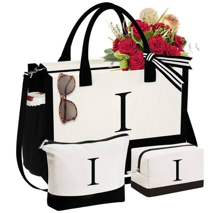 Front. Paradigms Interiors - Initial Canvas Tote Bag & Makeup Birthday Gifts For Women Mom Sister Friends Bridesmaid Wedding - I.