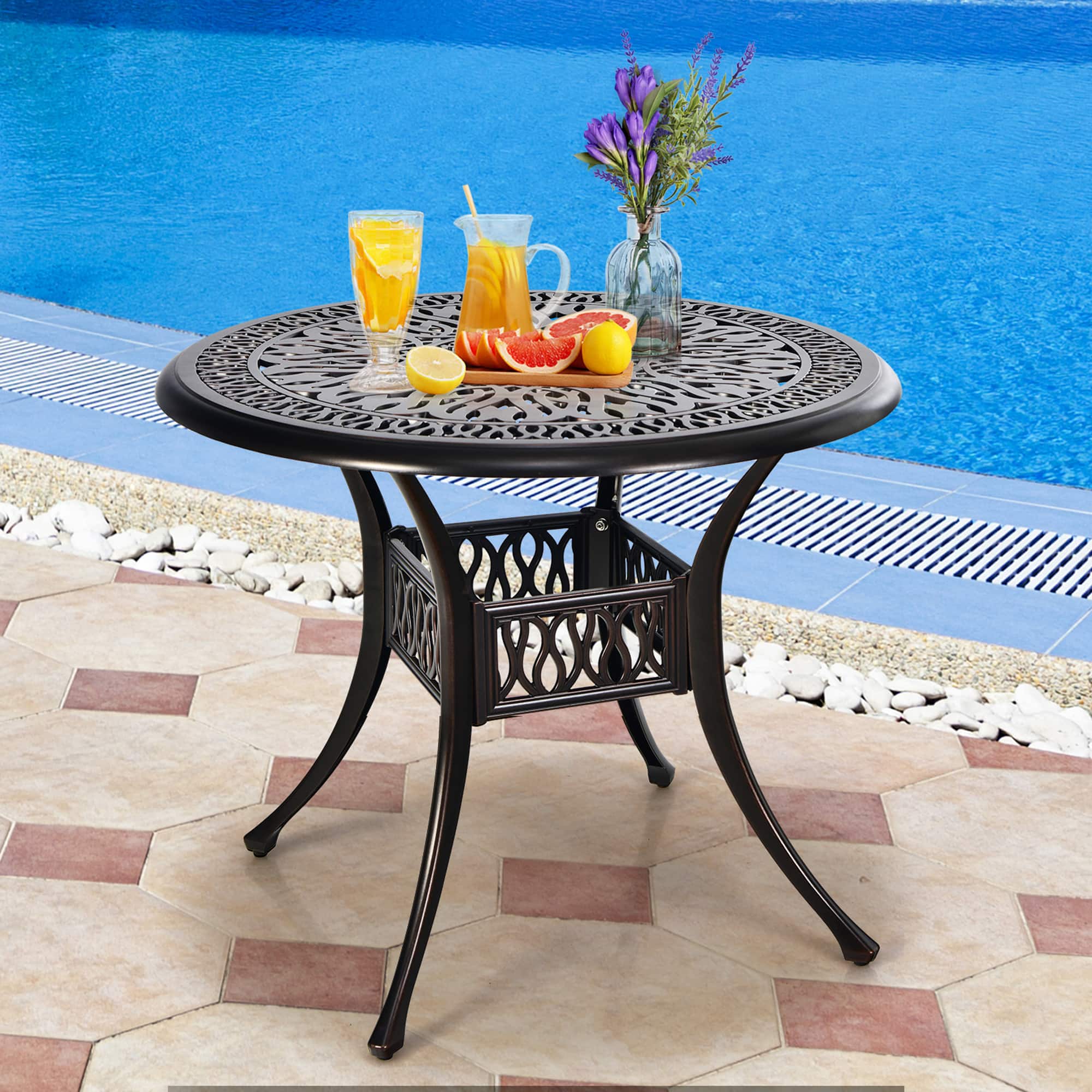 Gymax - 36'' Outdoor Round Dining Table Cast Aluminum Patio Bistro Table w/ Umbrella Pole - Black