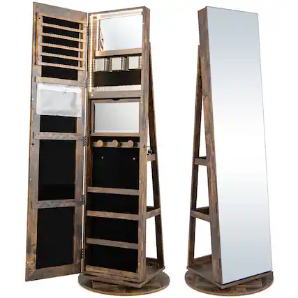 Front. Gymax - Gymax Rotating Mirrored Jewelry Cabinet with Mirror Storage Shelves Coffee - Coffee.