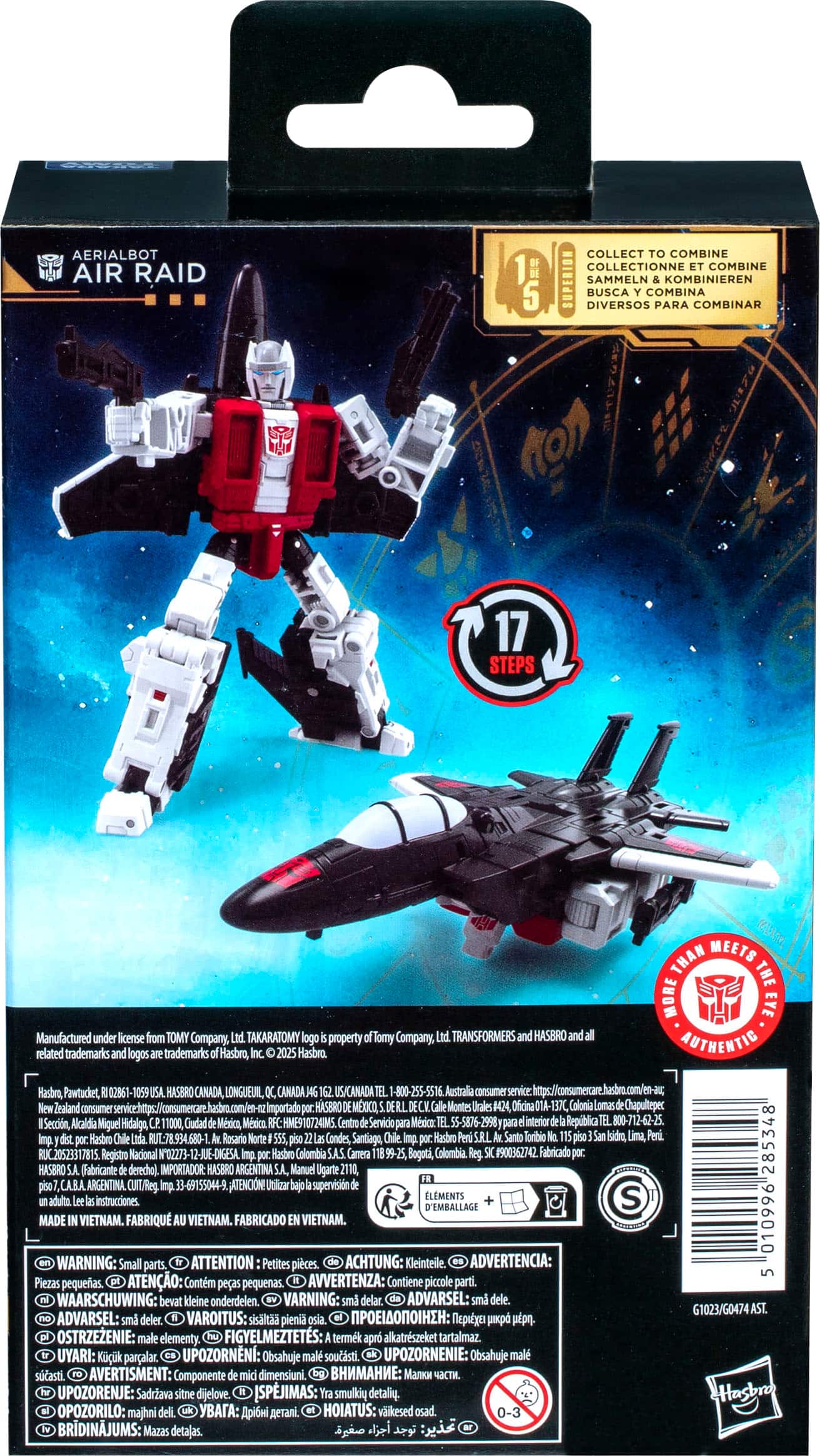 The image features a box containing a toy robot and a jet plane, which is part of the Transformers collection. The toy robot is a combination of various parts, and the jet plane is also a part of the collection. The box is made by Hasbro, a well-known toy manufacturer. The toy robot and jet plane are designed to be combined and assembled, offering a fun and engaging experience for the user. The box is likely intended for collectors and enthusiasts who enjoy building and customizing their toys.
