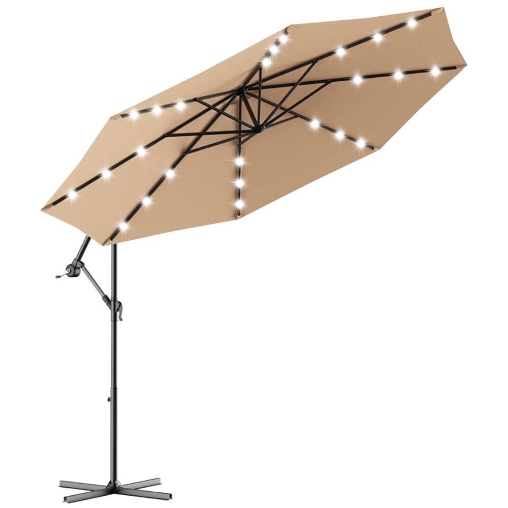 Angle. Kadyn - 10 Feet Patio Hanging Solar LED Umbrella Sun Shade with Cross Base-Beige, Outdoor Table Umbrella, Yard Umbrella.