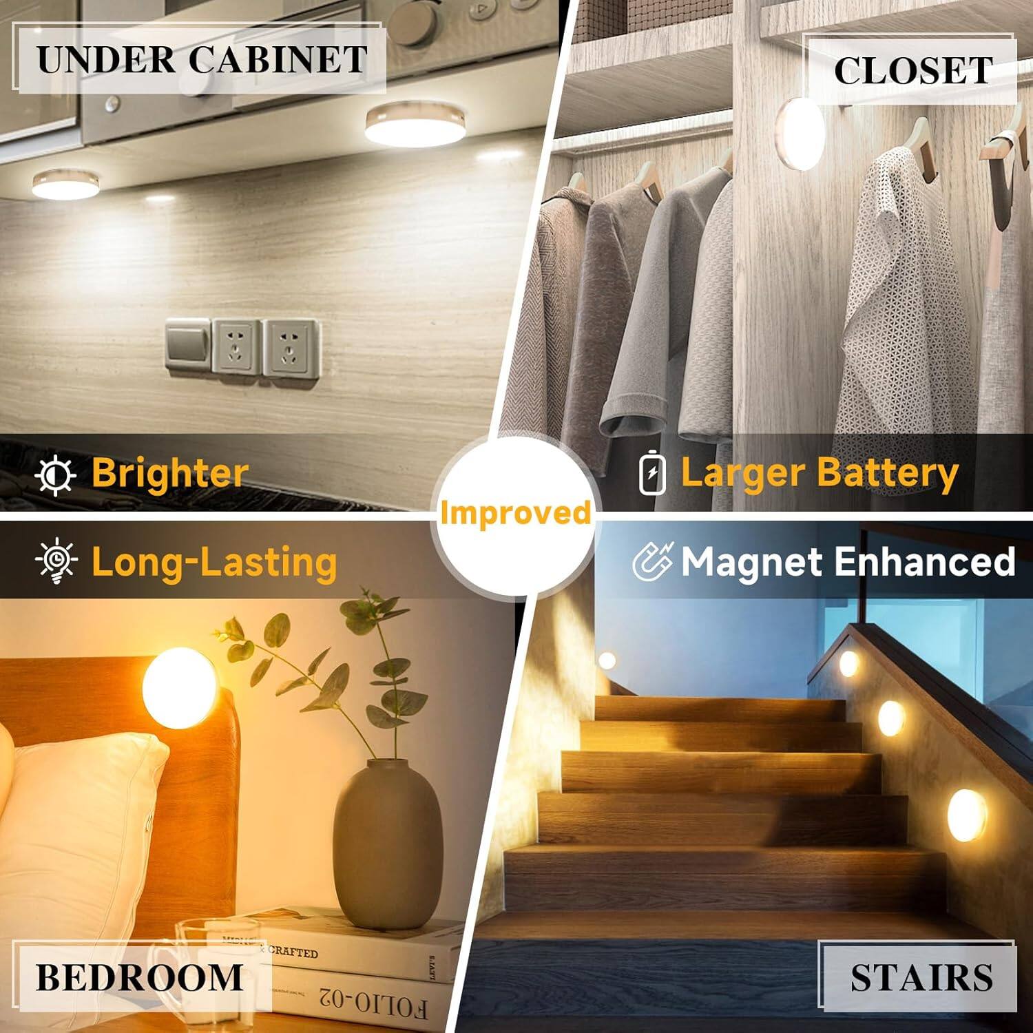Sure, here is the corrected and grouped text from the image:

**UNDER CABINET**
- Brighter
- Long-Lasting

**CLOSET**
- Improved
- Larger Battery
- Magnet Enhanced

**BEDROOM**

**STAIRS**