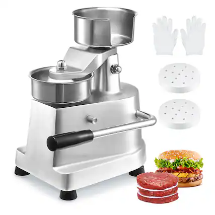 Front. VEVOR - Commercial Burger Patty Maker, 100mm/4inch Hamburger Beef Patty Maker, Heavy Duty Food-Grade Stainless Steel - Silver.