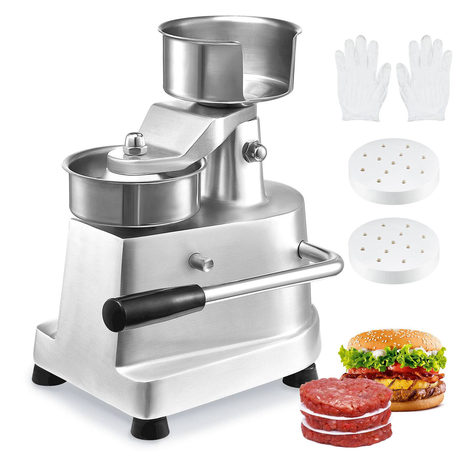 Front. VEVOR - Commercial Burger Patty Maker, 100mm/4inch Hamburger Beef Patty Maker, Heavy Duty Food-Grade Stainless Steel - Silver.