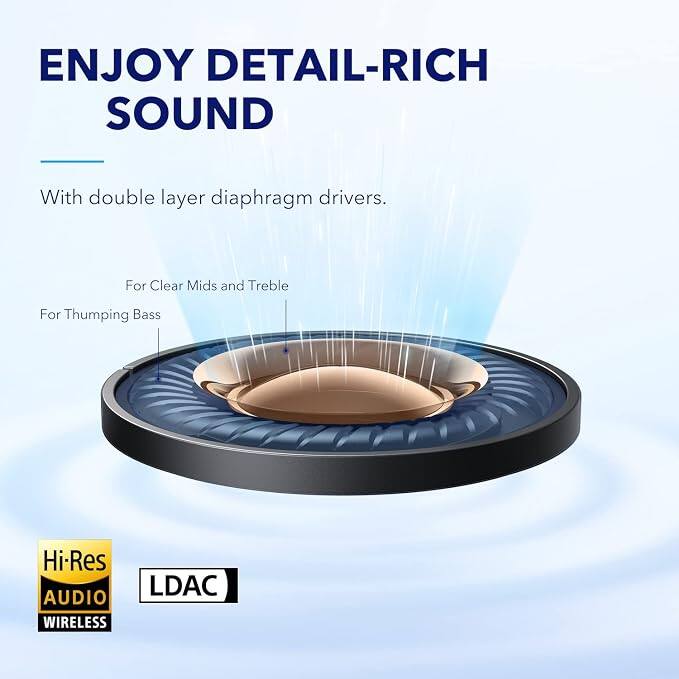 ENJOY DETAIL-RICH SOUND

With double layer diaphragm drivers.

For Clear Mids and Treble

For Thumping Bass

Hi-Res AUDIO WIRELESS

LDAC