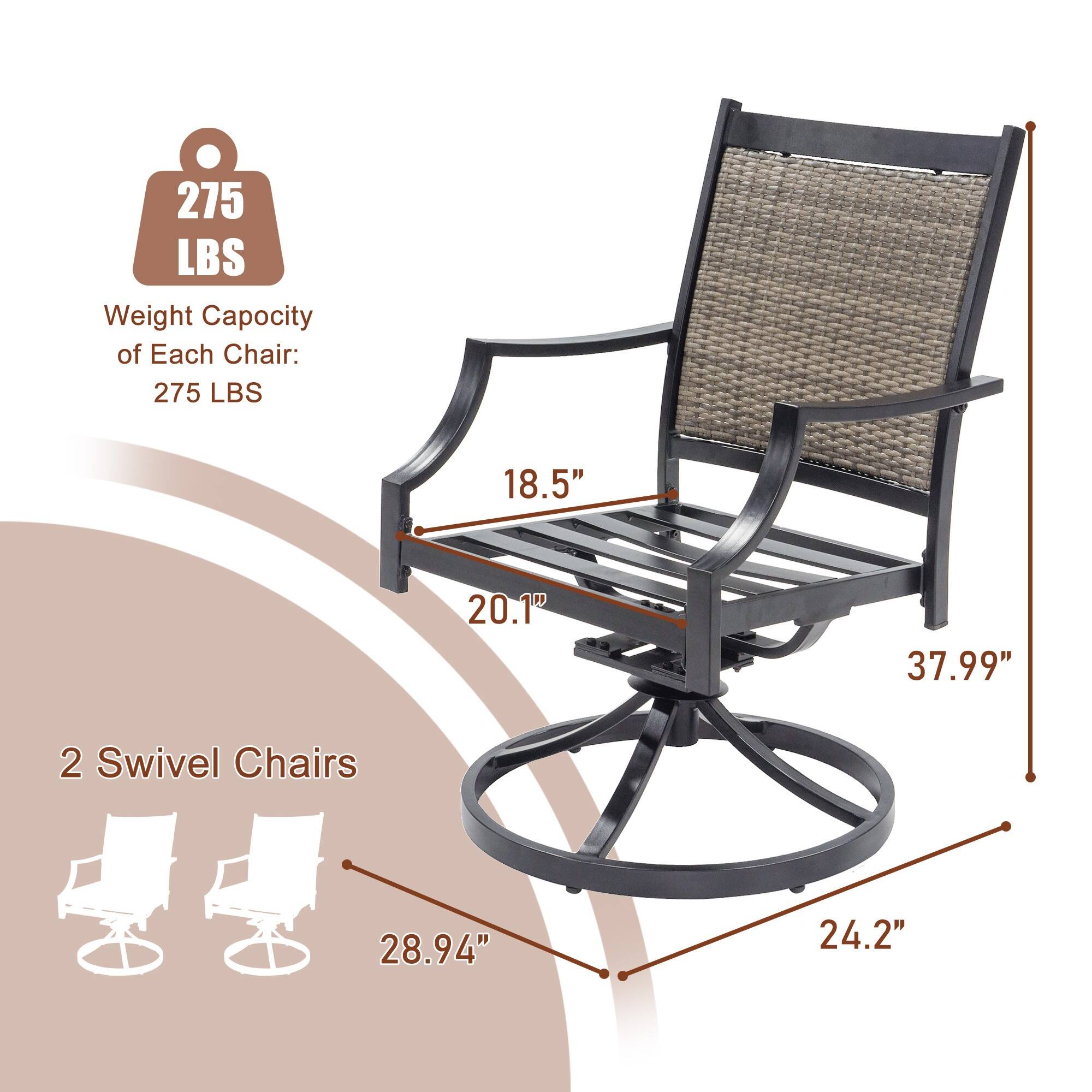 275 LBS  
Weight Capacity of Each Chair: 275 LBS  
18.5"  
20.1"  
37.99"  
2 Swivel Chairs  
28.94"  
24.2"