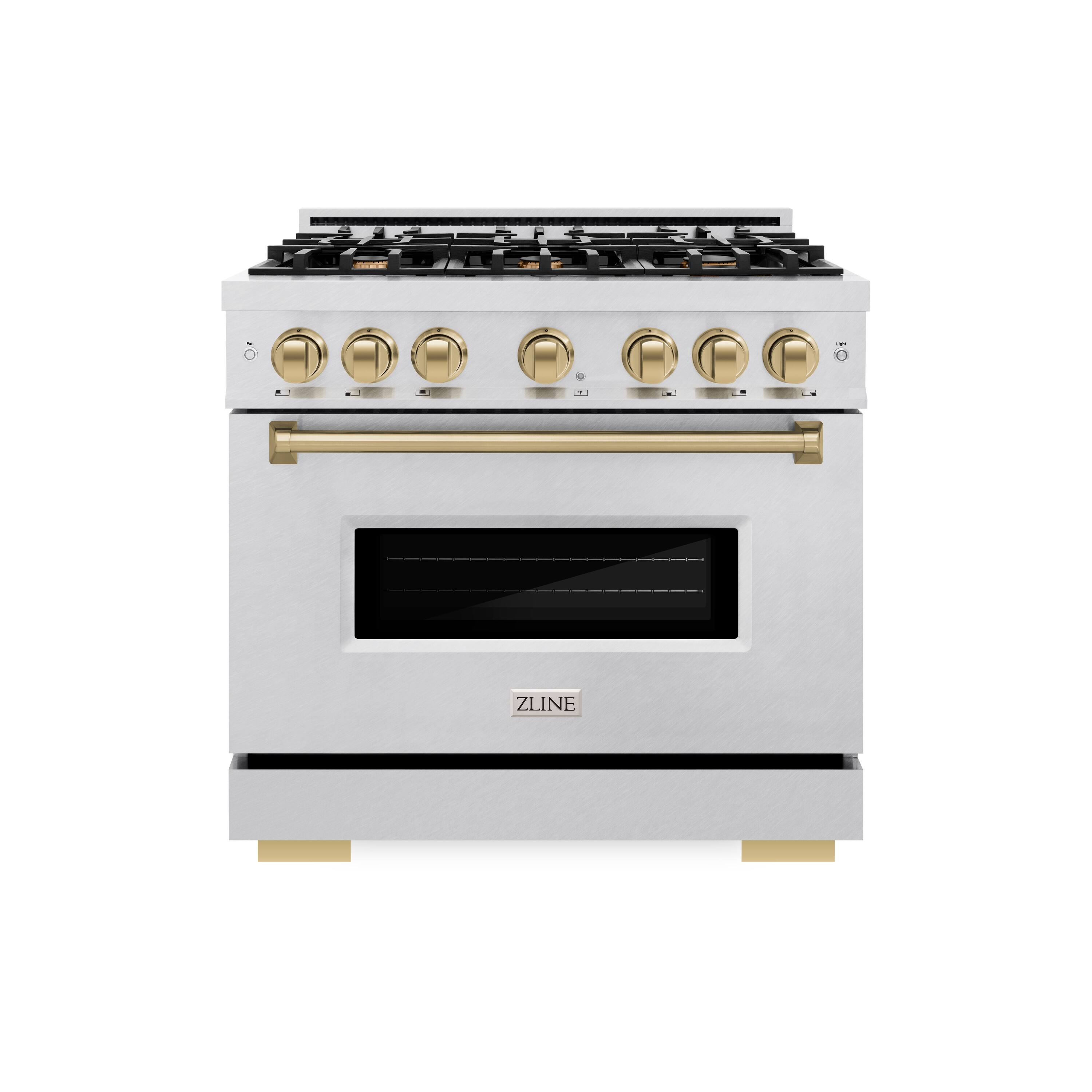 Front. ZLINE - ZLINE Autograph 36 in. Classic Satin Steel Gas Range w/ 6 Burners & Bronze Accents (CGRSZ-36-CB) - Stainless Steel.
