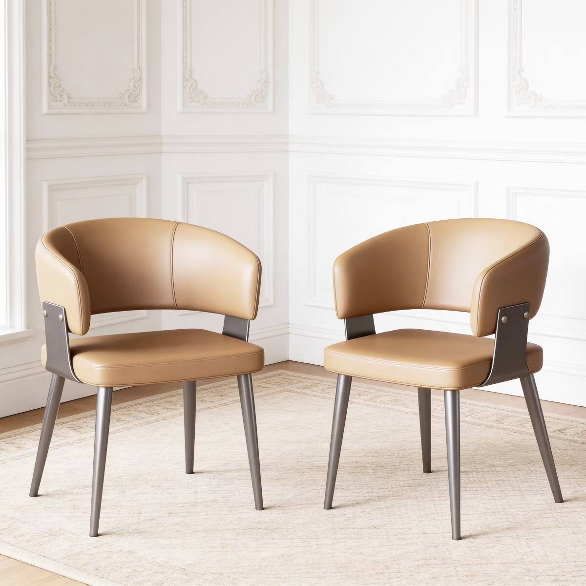 Front. luck idea - Modern Curved Half Arm Dining Chairs, PU Leather Upholstered Side Chair with Dark Metal Legs for Kitchen Dining Room - brown.
