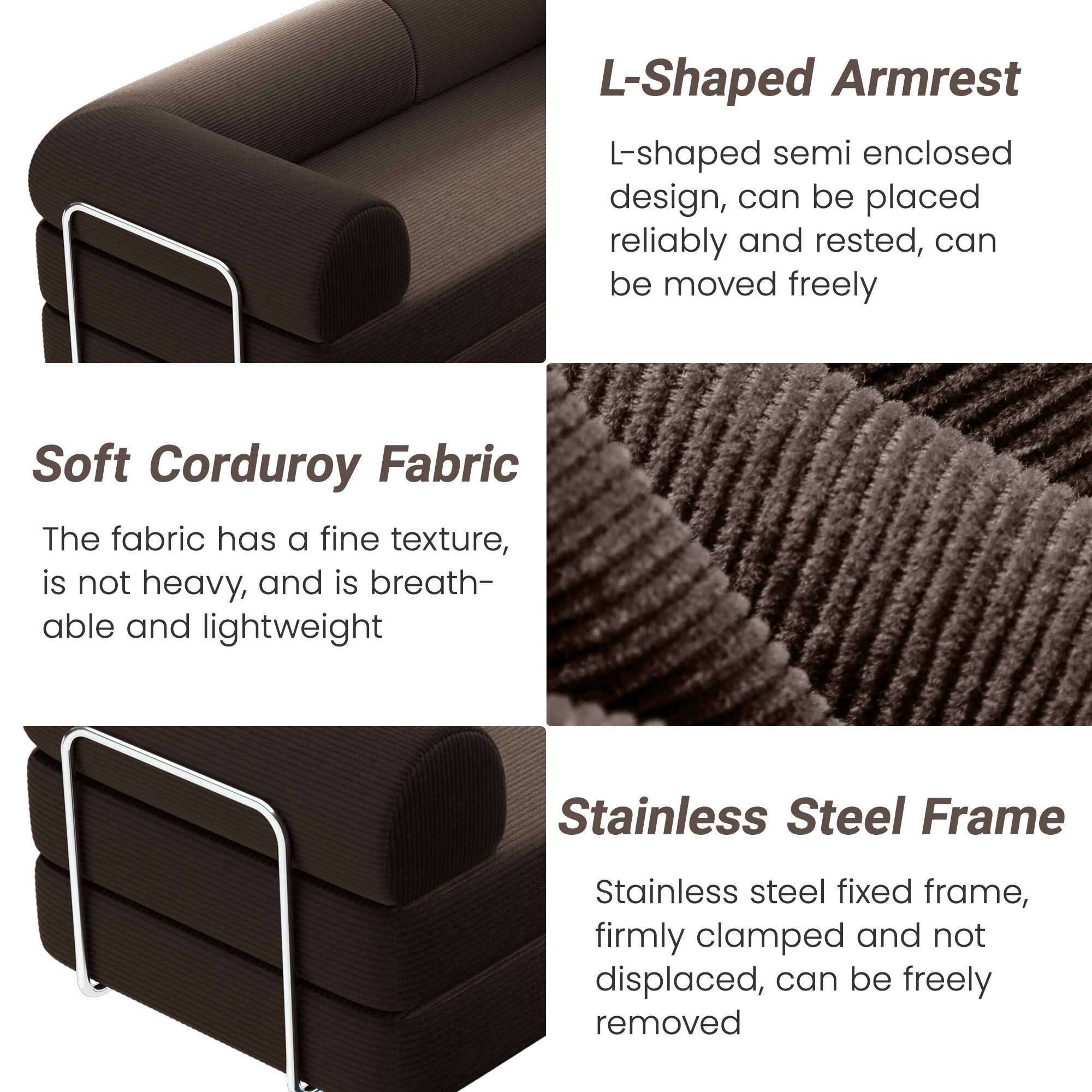 L-Shaped Armrest  
L-shaped semi enclosed design, can be placed reliably and rested, can be moved freely  

Soft Corduroy Fabric  
The fabric has a fine texture, is not heavy, and is breathable and lightweight  

Stainless Steel Frame  
Stainless steel fixed frame, firmly clamped and not displaced, can be freely removed