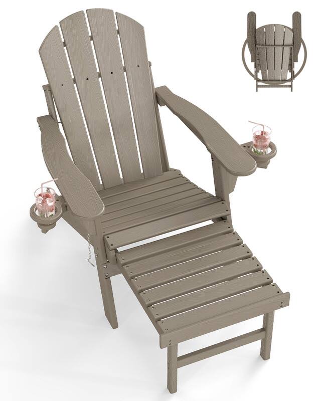 Front. FODINGHILL - Folding Adirondack Chair with Retractable Ottoman, Wood Grain, HDPE All-Weather Construction & Cup Holders - Wood.