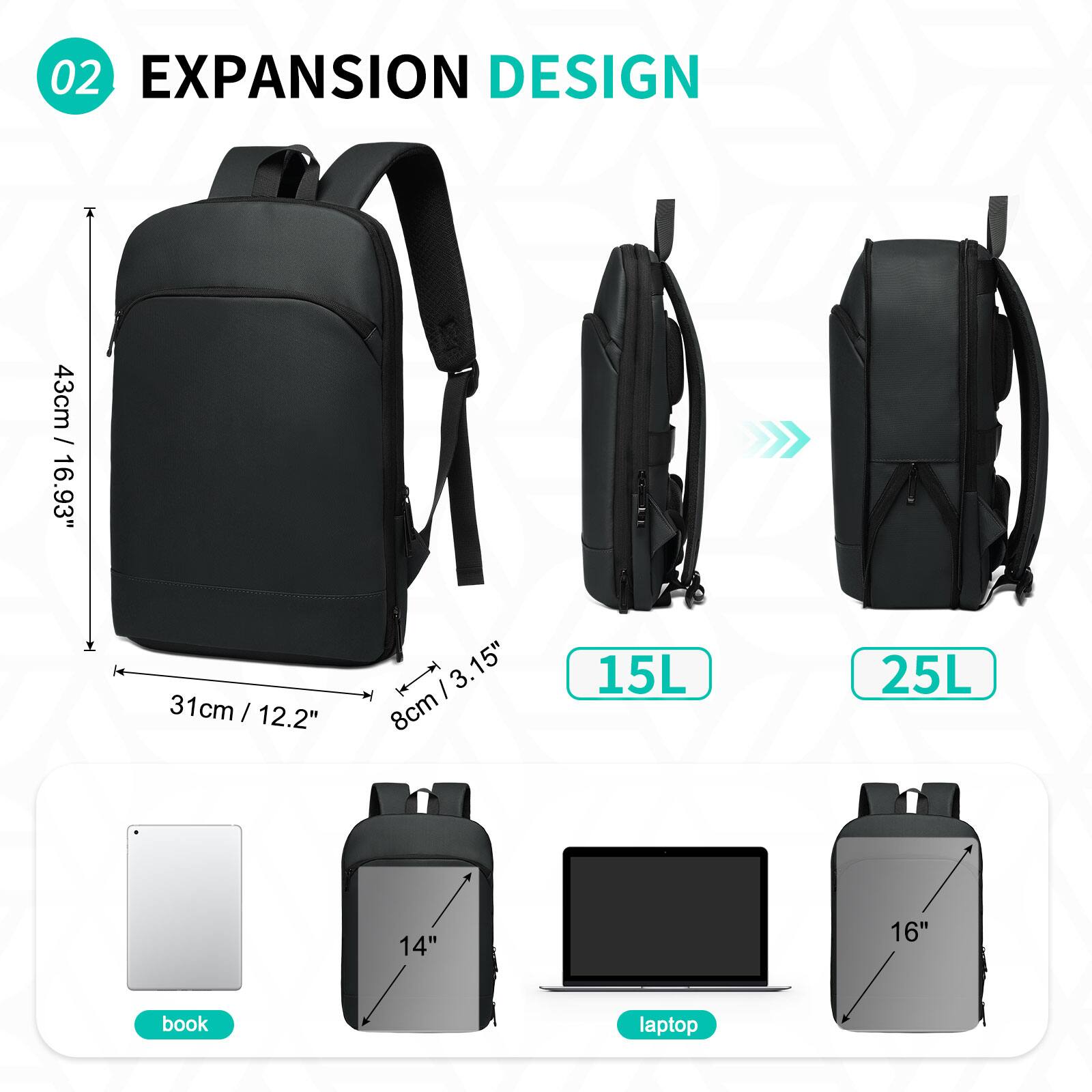 02 EXPANSION DESIGN  
43cm / 16.93"  
31cm / 12.2"  
8cm / 3.15"  
15L  
25L  
14"  
16"  
book  
laptop