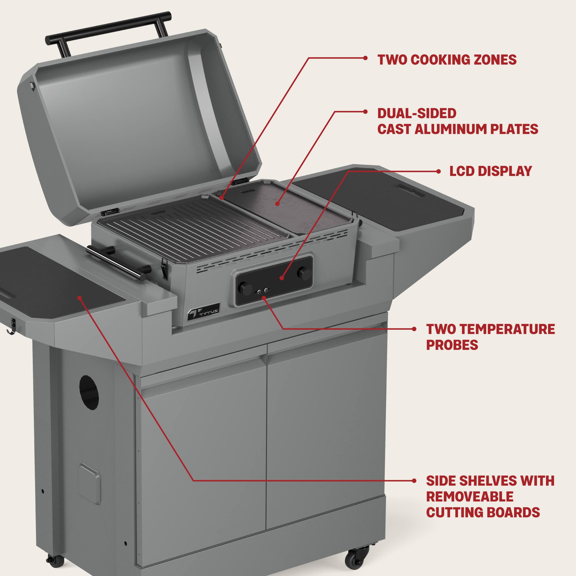 - TWO COOKING ZONES
- DUAL-SIDED CAST ALUMINUM PLATES
- LCD DISPLAY
- TWO TEMPERATURE PROBES
- SIDE SHELVES WITH REMOVEABLE CUTTING BOARDS