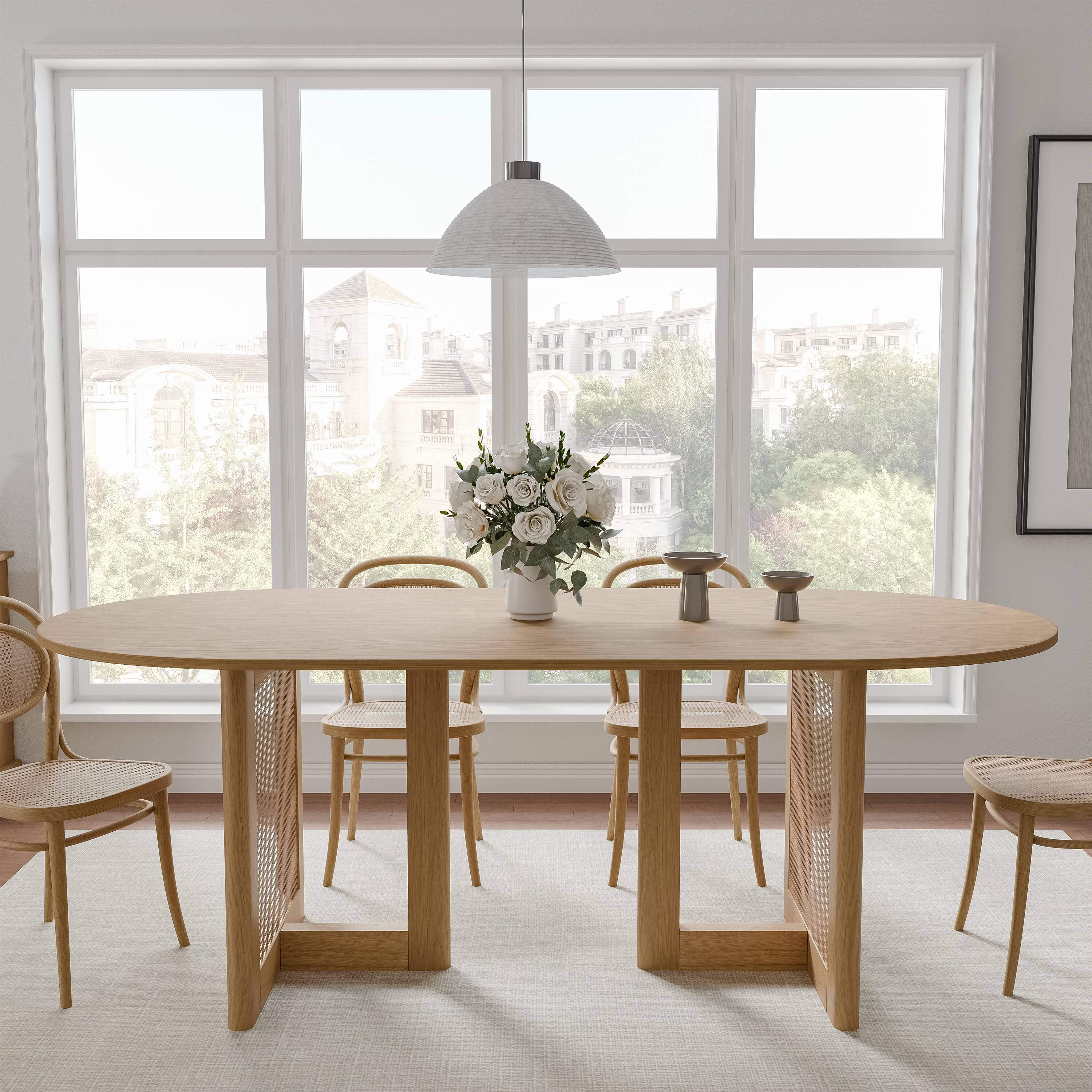 PexFix - Modern Farmhouse Oak Dining Table | Oval Rattan & Solid Wood, Double Pedestal Base for 6, 67-Inch - Natural