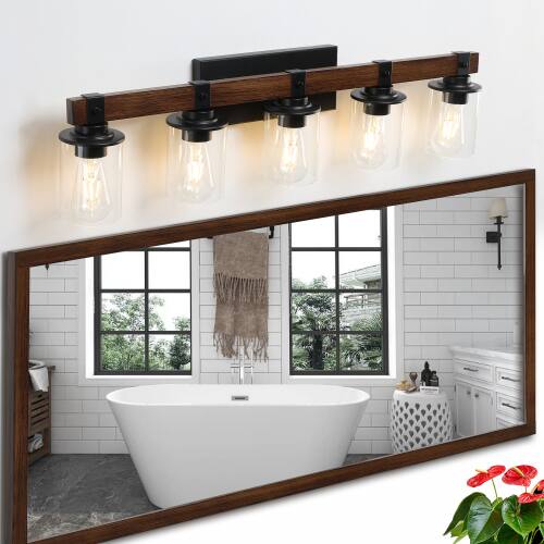 Left. LUCKY ONE - 35in Rustic 5-Light Vanity Light, Industrial Farmhouse Bathroom Sconce with Wood Accent - Walnut.