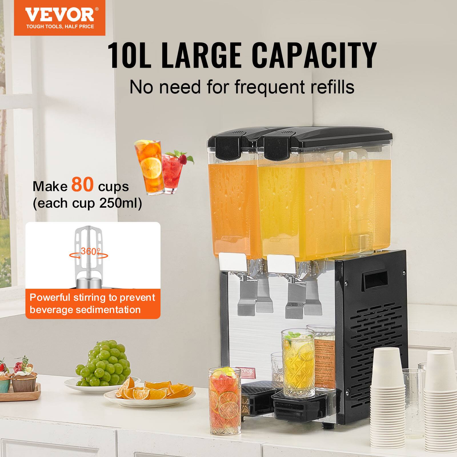 VEVOR TOUGH TOOLS, HALF PRICE 10L LARGE CAPACITY No need for frequent refills Make 80 cups (each cup 250ml) 360 Powerful stirring to prevent beverage sedimentation