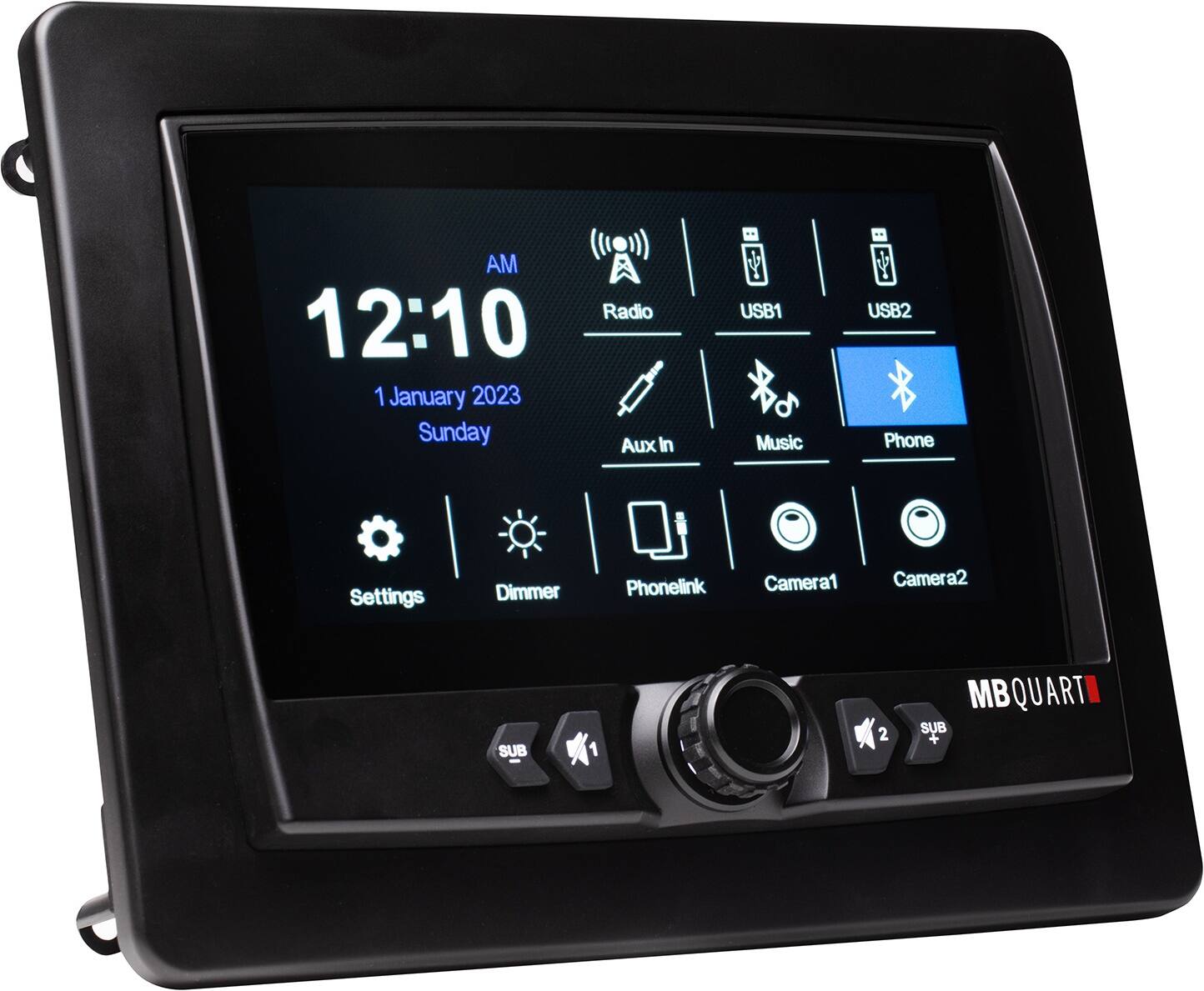 AM Radio 12:10 1 January 2023 Sunday Aux In USB1 Music USB2 Phone Settings Dimmer Phonelink Camera1 Camera2 SUB 2 MBQUART SUB +