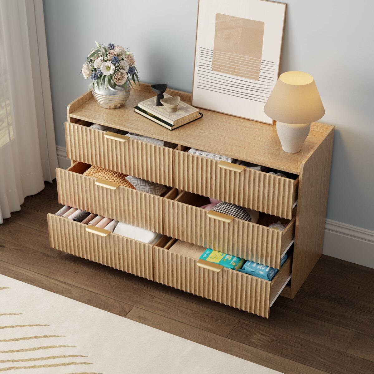 Alt View 1. Furnulem - 6 drawer Dresser Wood Wide Chest Of Drawers With Metal Handle - Gold.