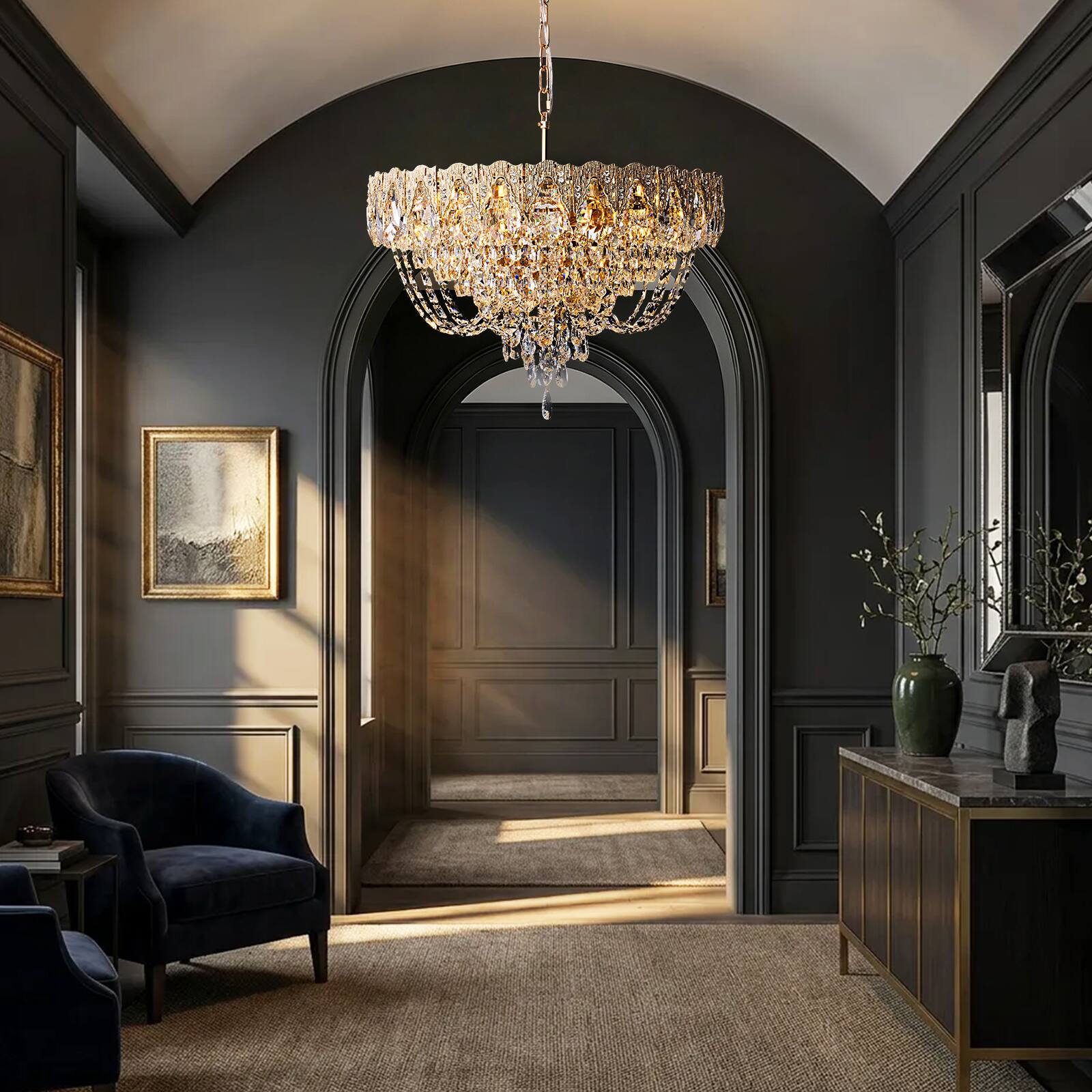 Alt View 2. Siljoy - 23.6-in Modern Glam Brass Round K9 Crystal 12-Light E12 Dimmable Adjustable Pendant for Dining Living Foyer - Brass.