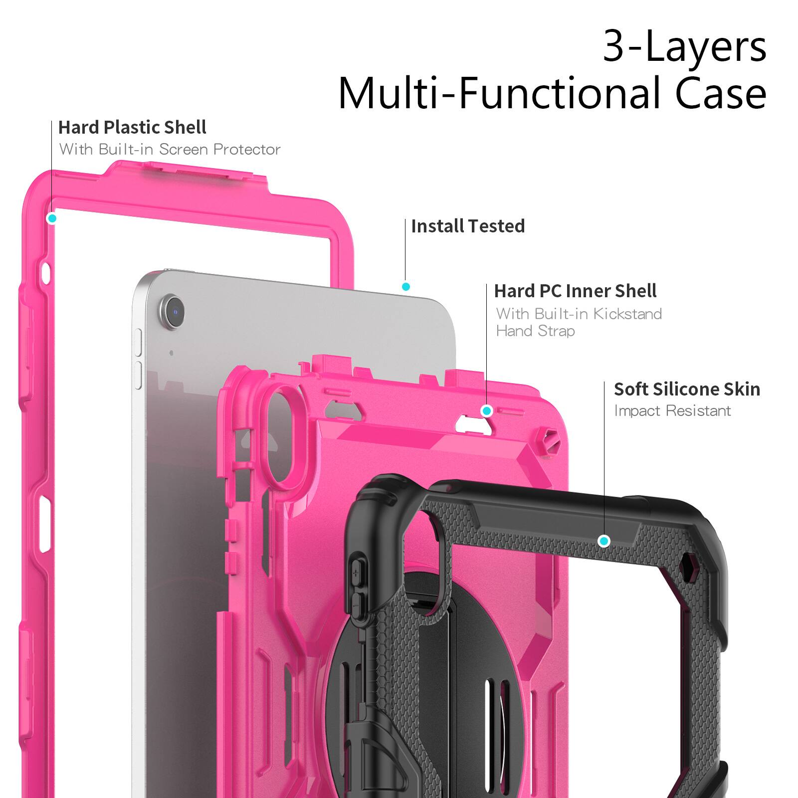 3-Layers Multi-Functional Case Hard Plastic Shell With Built-in Screen Protector Install Tested Hard PC Inner Shell With Built-in Kickstand Hand Strap Soft Silicone Skin Impact Resistant