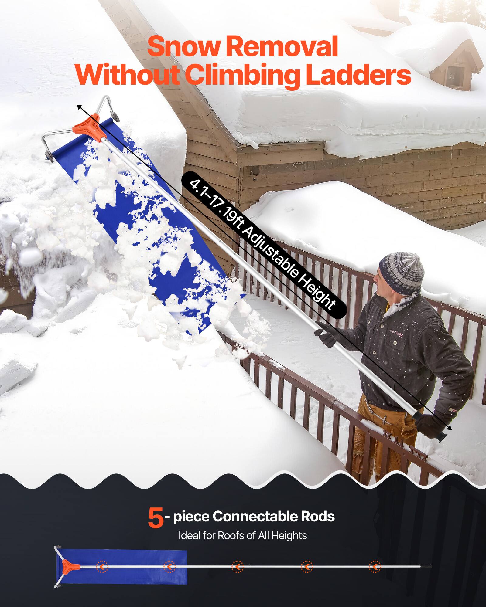 Snow Removal Without Climbing Ladders

4.1-17.19ft Adjustable Height

5-piece Connectable Rods
Ideal for Roofs of All Heights