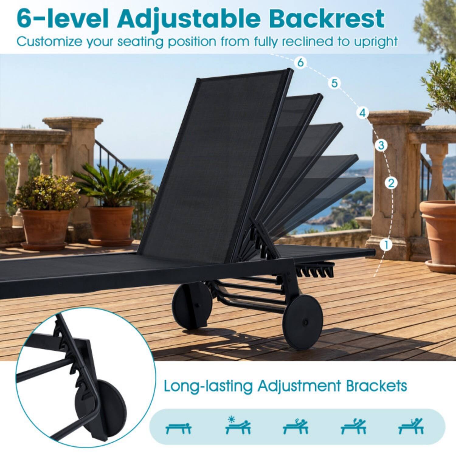 6-level Adjustable Backrest  
Customize your seating position from fully reclined to upright  

Long-lasting Adjustment Brackets