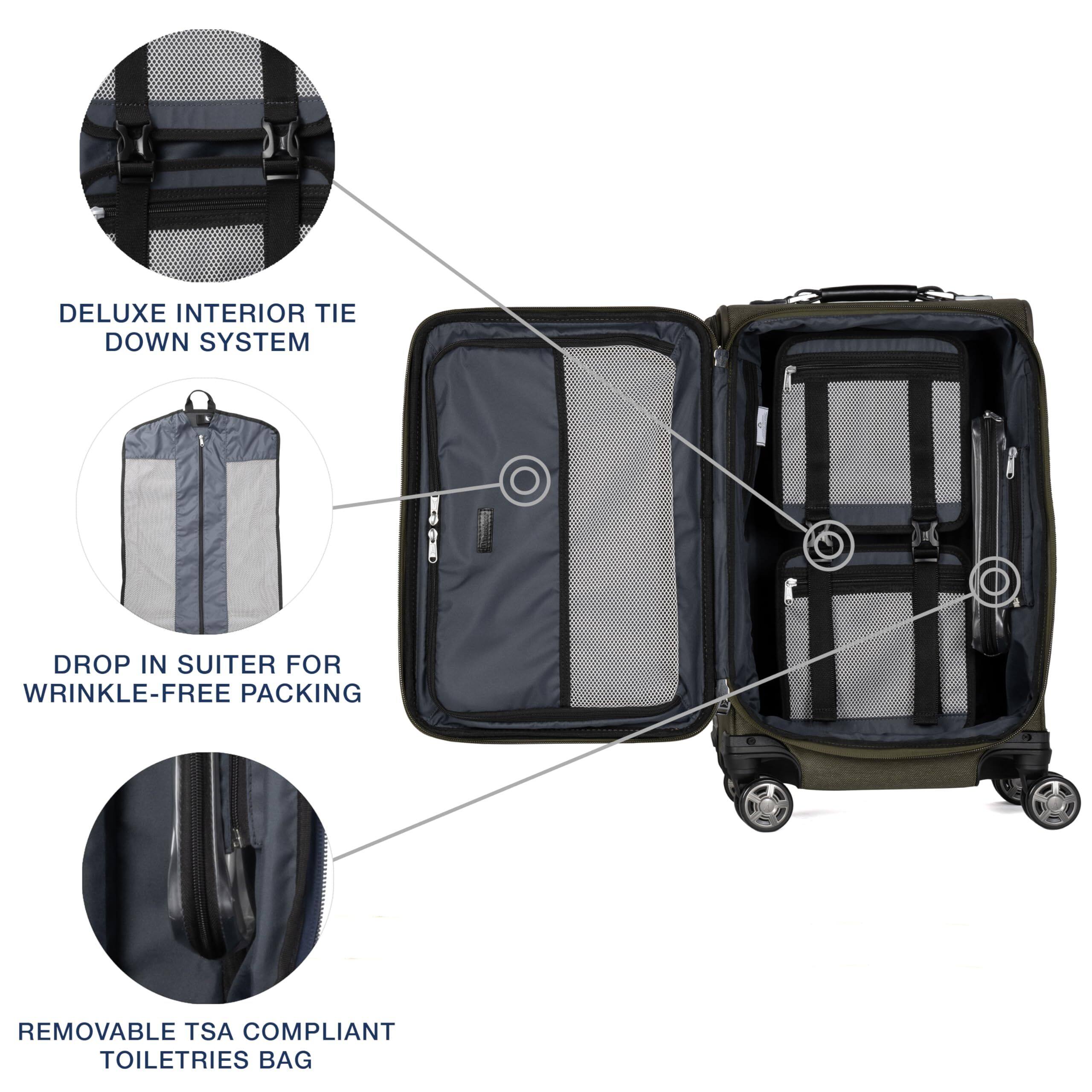 DELUXE INTERIOR TIE DOWN SYSTEM  
DROP IN SUITER FOR WRINKLE-FREE PACKING  
REMOVABLE TSA COMPLIANT TOILETRIES BAG