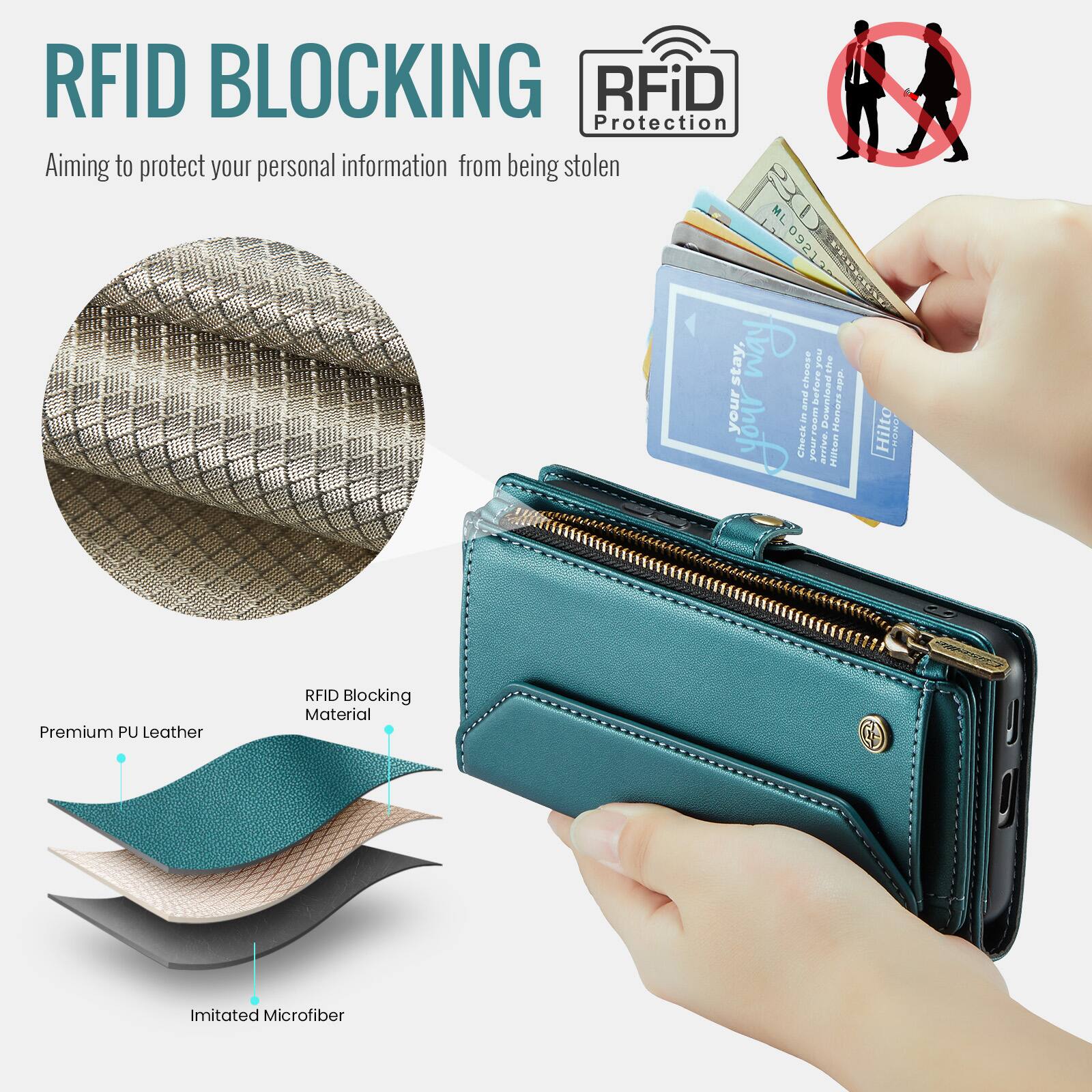 RFID BLOCKING  
Aiming to protect your personal information from being stolen  

RFiD Protection  

Premium PU Leather  
RFID Blocking Material  
Imitated Microfiber