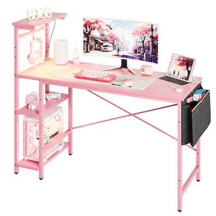 Front. Bestier - 55inch Gaming Desk with LED Lights Storage Shelves File Pockets & Hooks Spacious RGB Gaming Table - Pink Carbon Fiber.