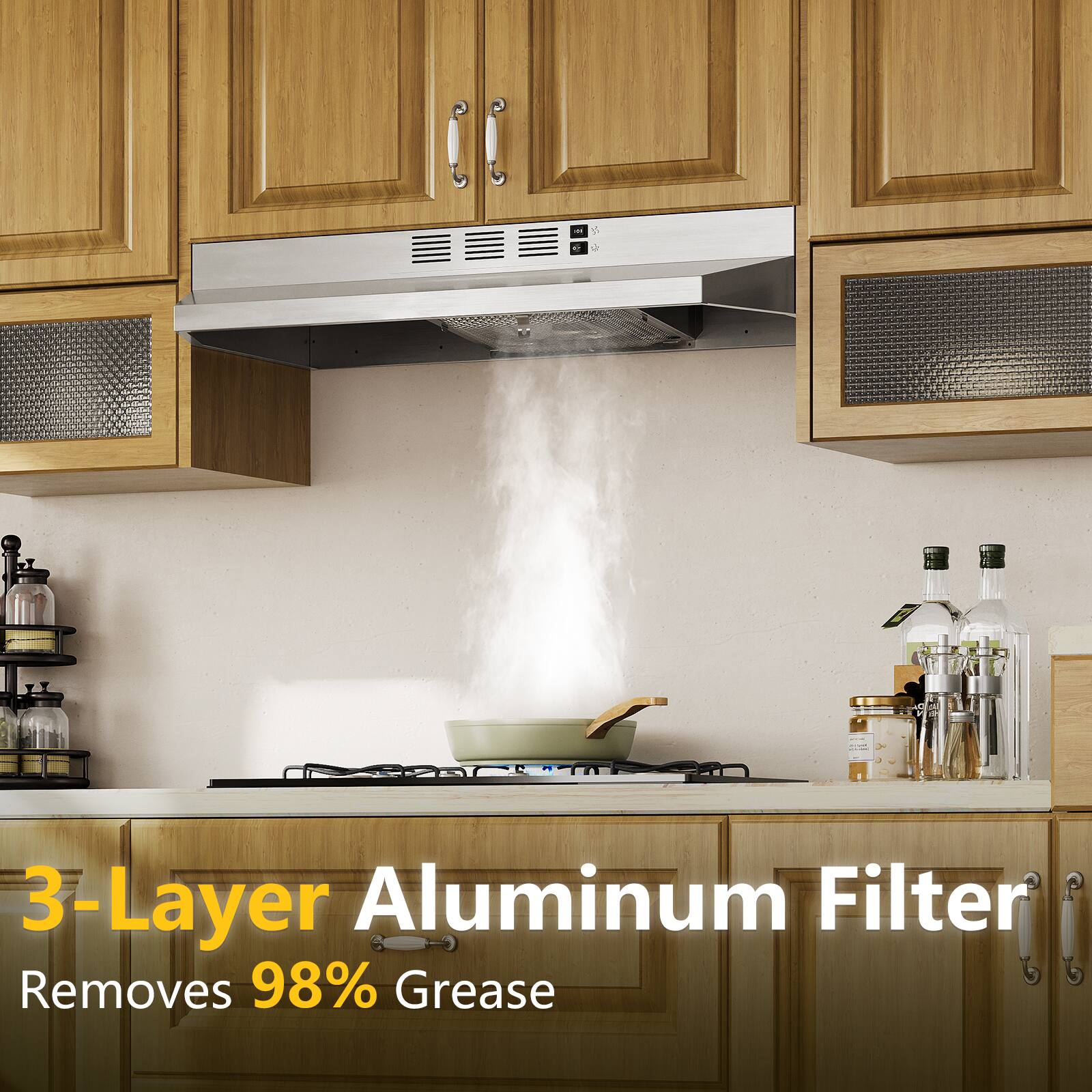 3-Layer Aluminum Filter
Removes 98% Grease