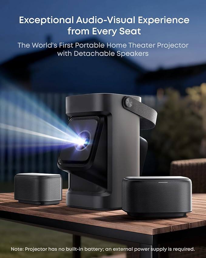 Exceptional Audio-Visual Experience from Every Seat

The World's First Portable Home Theater Projector with Detachable Speakers

Note: Projector has no built-in battery; an external power supply is required.