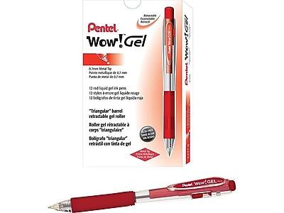 Pentel Wow! Gel

0.7mm Metal Tip
Pointe métallique de 0.7 mm
Punta de metal de 0.7 mm

12 red liquid gel ink pens
12 stylos à encre gel rouge
12 bolígrafos de tinta gel roja

"Triangular" barrel retractable gel roller
Roller gel rétractable à corps "triangulaire"
Bolígrafo "triangular" retráctil con tinta de gel

Ergonomic design
Conception ergonomique
Diseño ergonómico