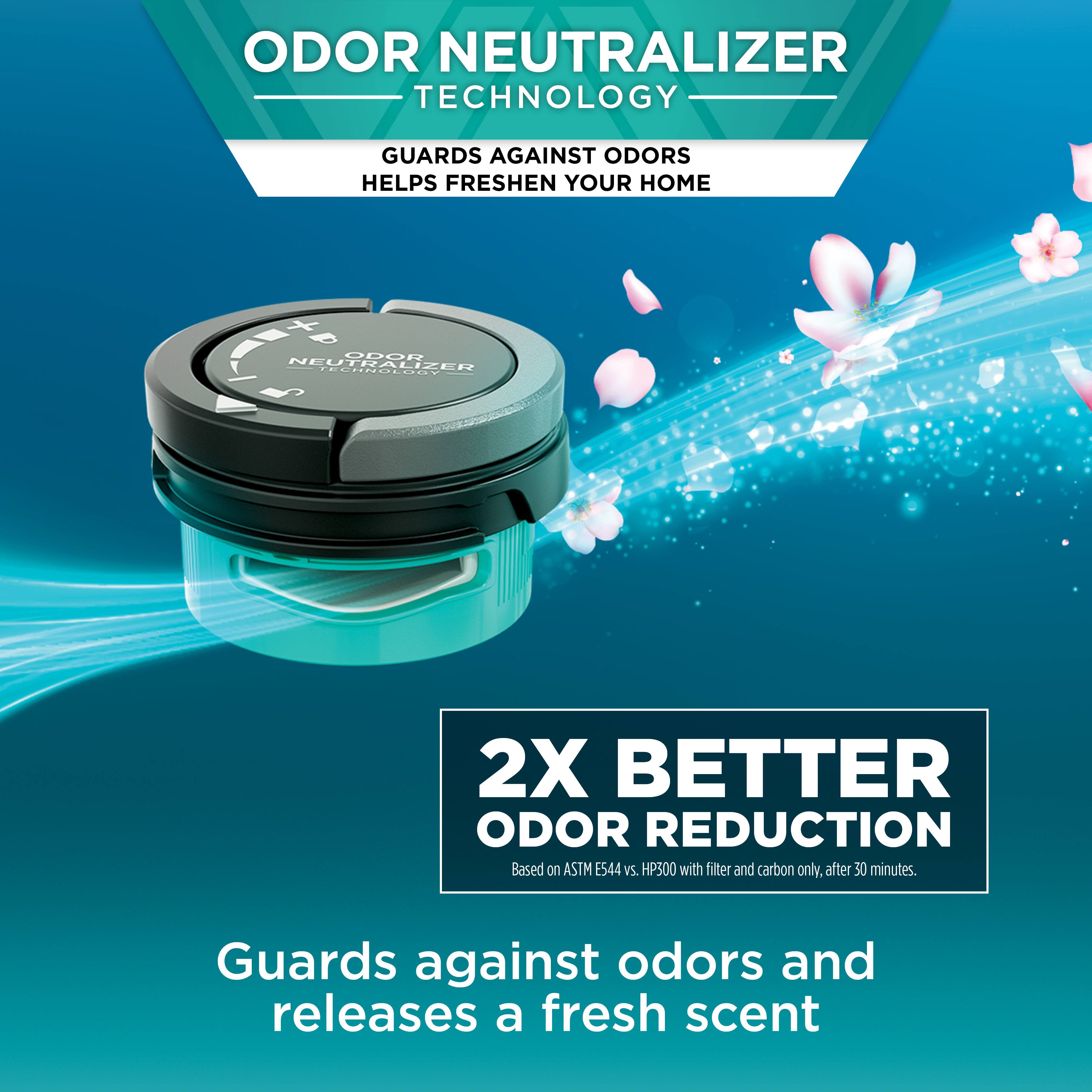 ODOR NEUTRALIZER TECHNOLOGY  
GUARDS AGAINST ODORS  
HELPS FRESHEN YOUR HOME  

2X BETTER ODOR REDUCTION  
Based on ASTM E544 vs. HP300 with filter and carbon only, after 30 minutes.  

Guards against odors and releases a fresh scent