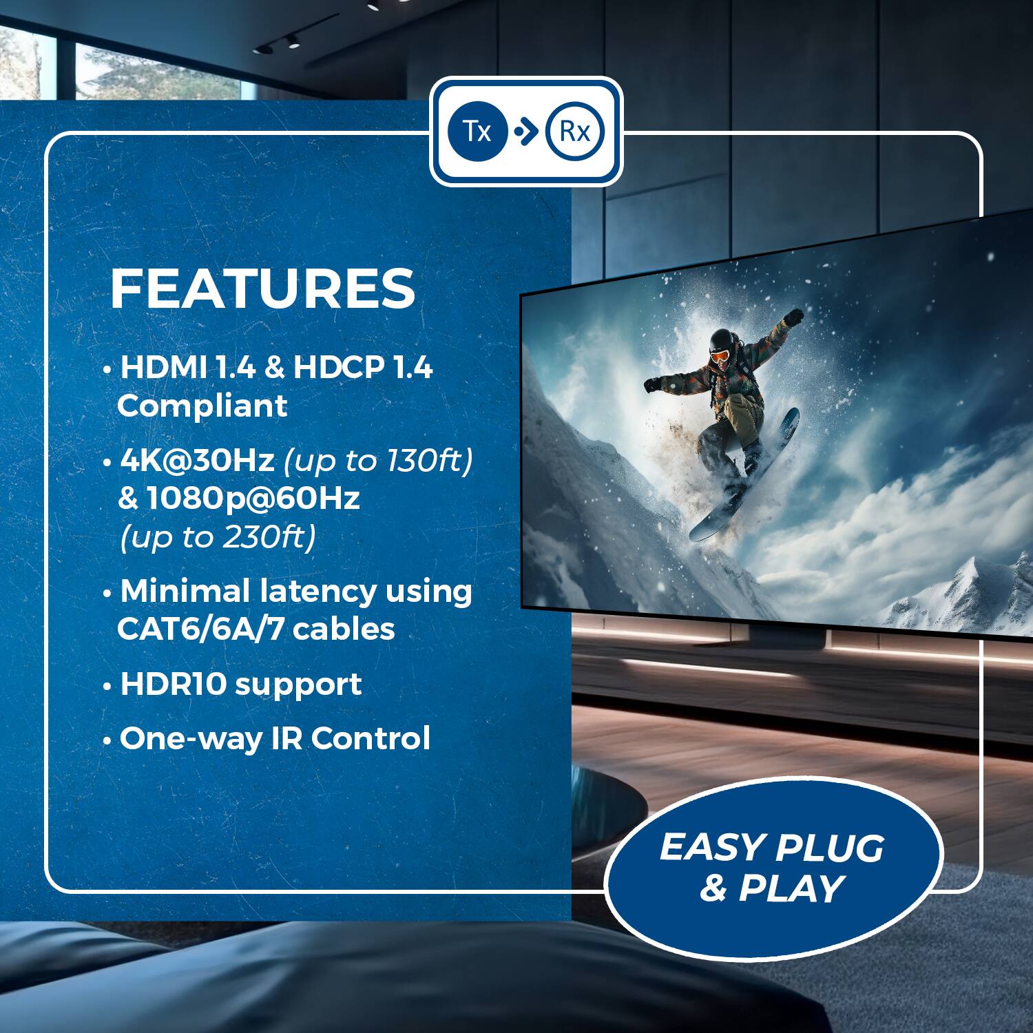 Tx Rx
FEATURES
HDMI 1.4 & HDCP 1.4 Compliant
4K@30Hz (up to 130ft) & 1080p@60Hz (up to 230ft)
Minimal latency using CAT6/6A/7 cables
HDR10 support
One-way IR Control
EASY PLUG & PLAY