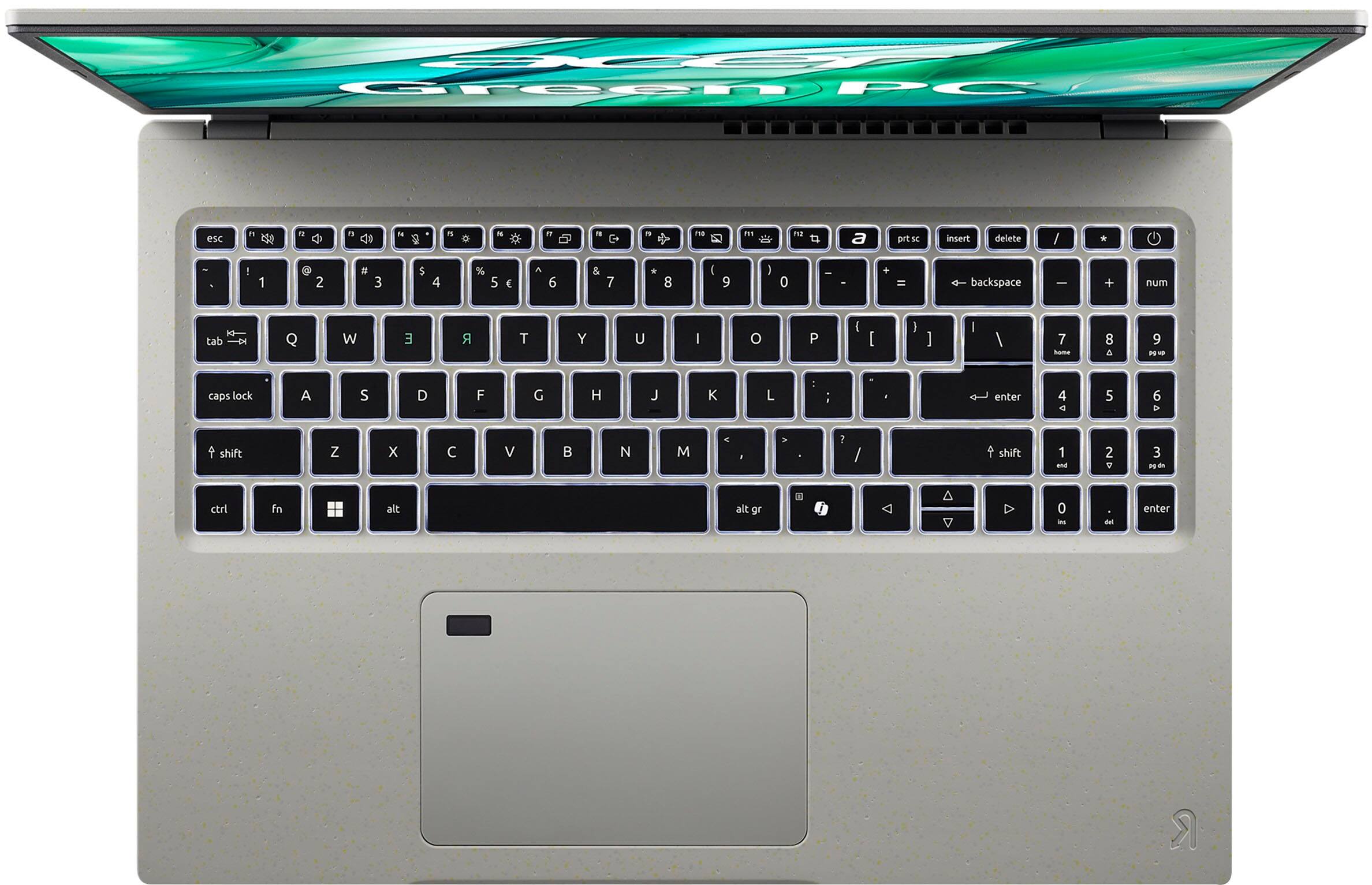 A green and white laptop computer with a keyboard. The keys include the numbers 1 through 9, the letters A through Z, and various function keys. The keyboard also has a shift key and a caps lock key. The laptop is open and ready for use.