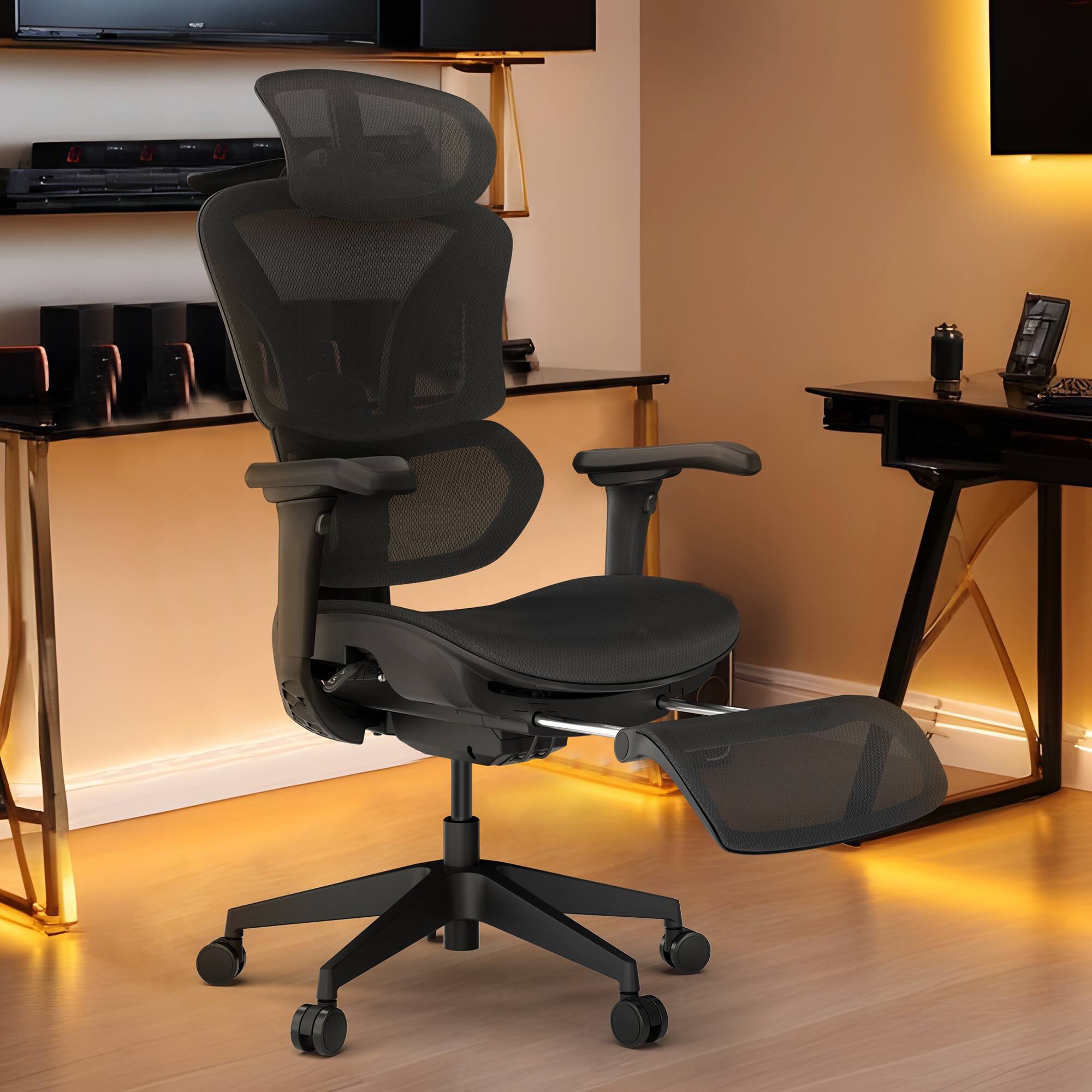 Alt View 15. ACGAM - Ergonomic Mesh Office Chair, High Back Gaming Chair w/ Footrest, Lumbar Support, 4D Armrest, Headrest, Large Nylon Base - Black.
