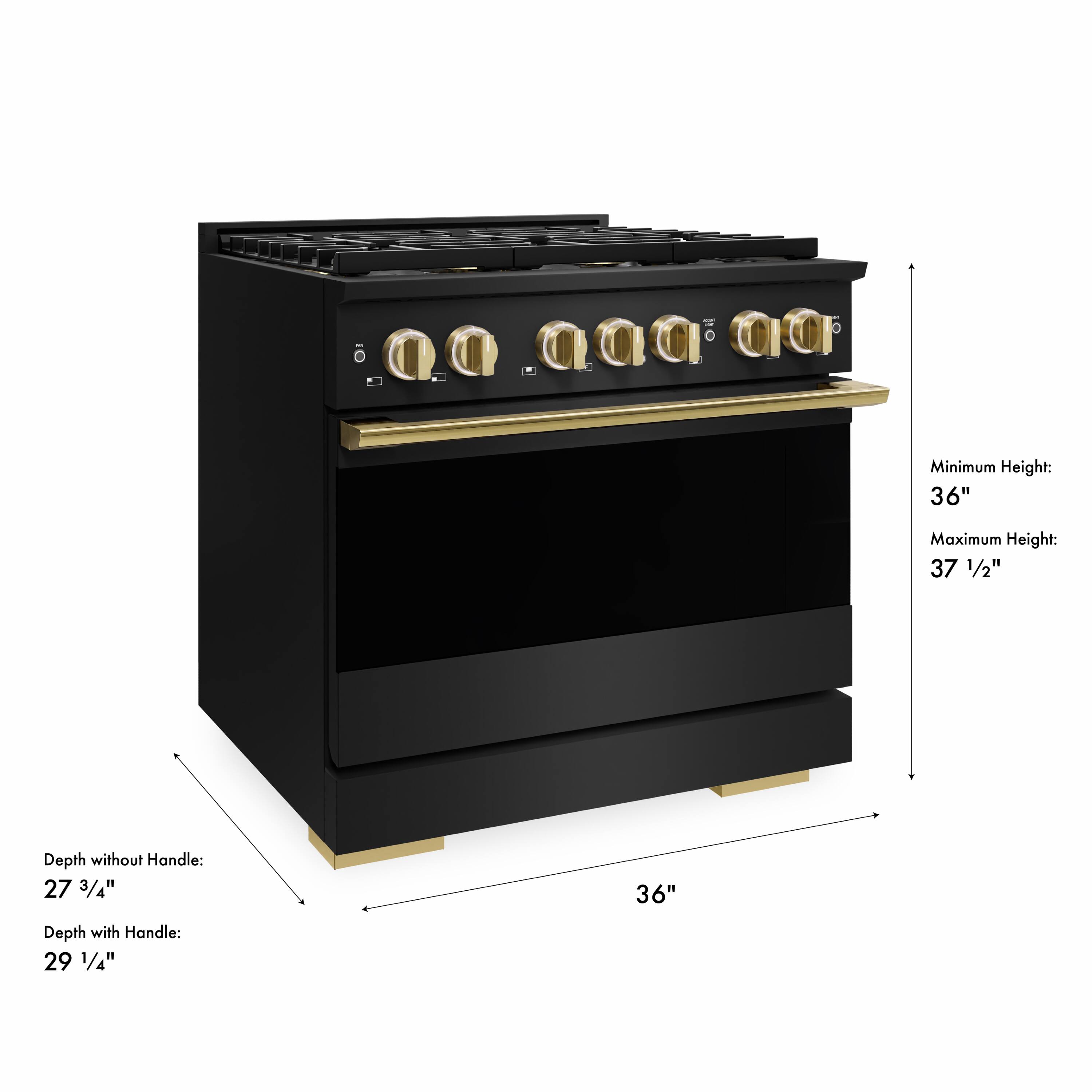 Minimum Height: 36"  
Maximum Height: 37 1/2"  
Depth without Handle: 27 3/4"  
Depth with Handle: 29 1/4"